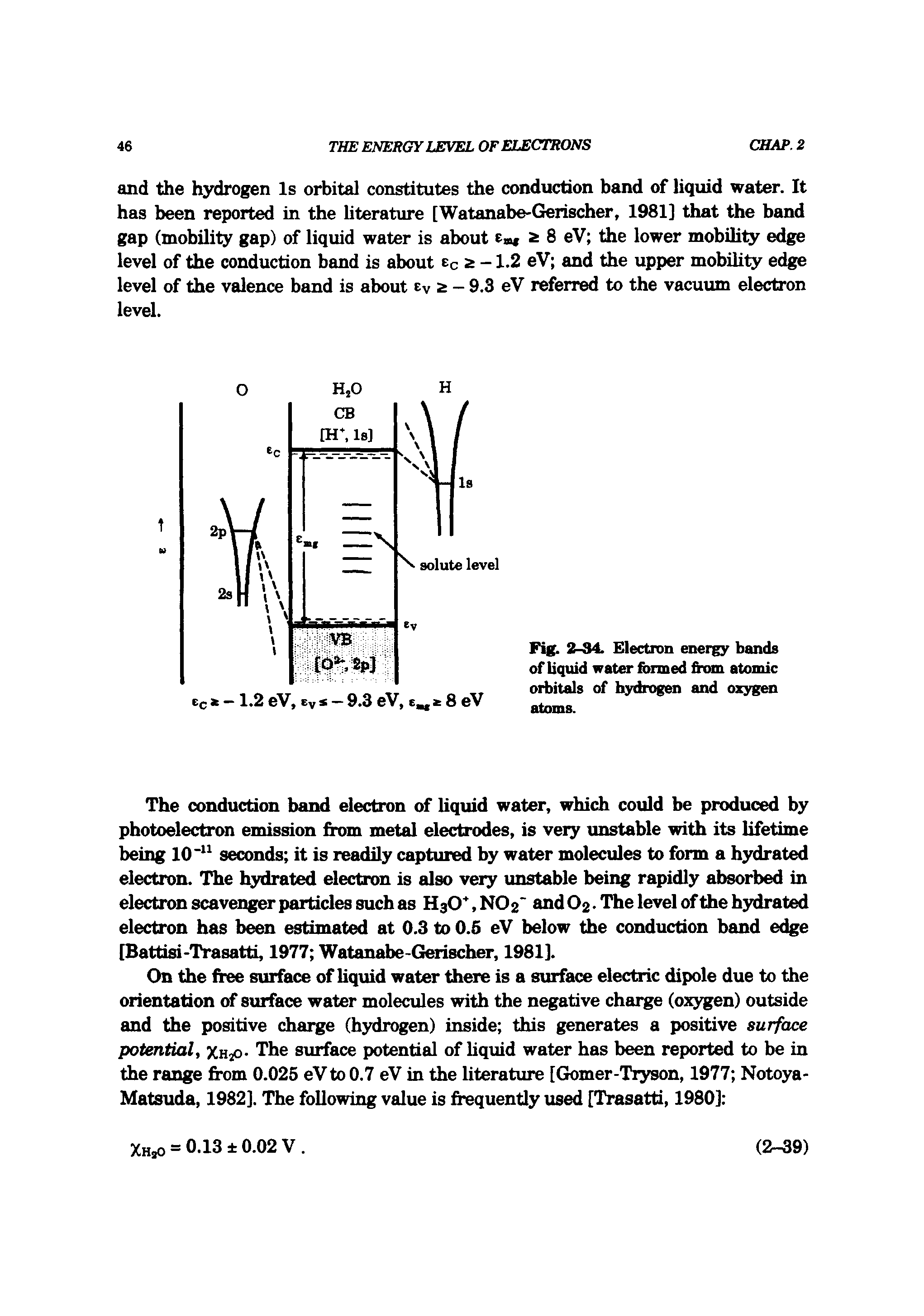 Fig. 2-34. Electron energy bands of liquid water formed from atomic orbitals of hydrogen and oxygen atoms.