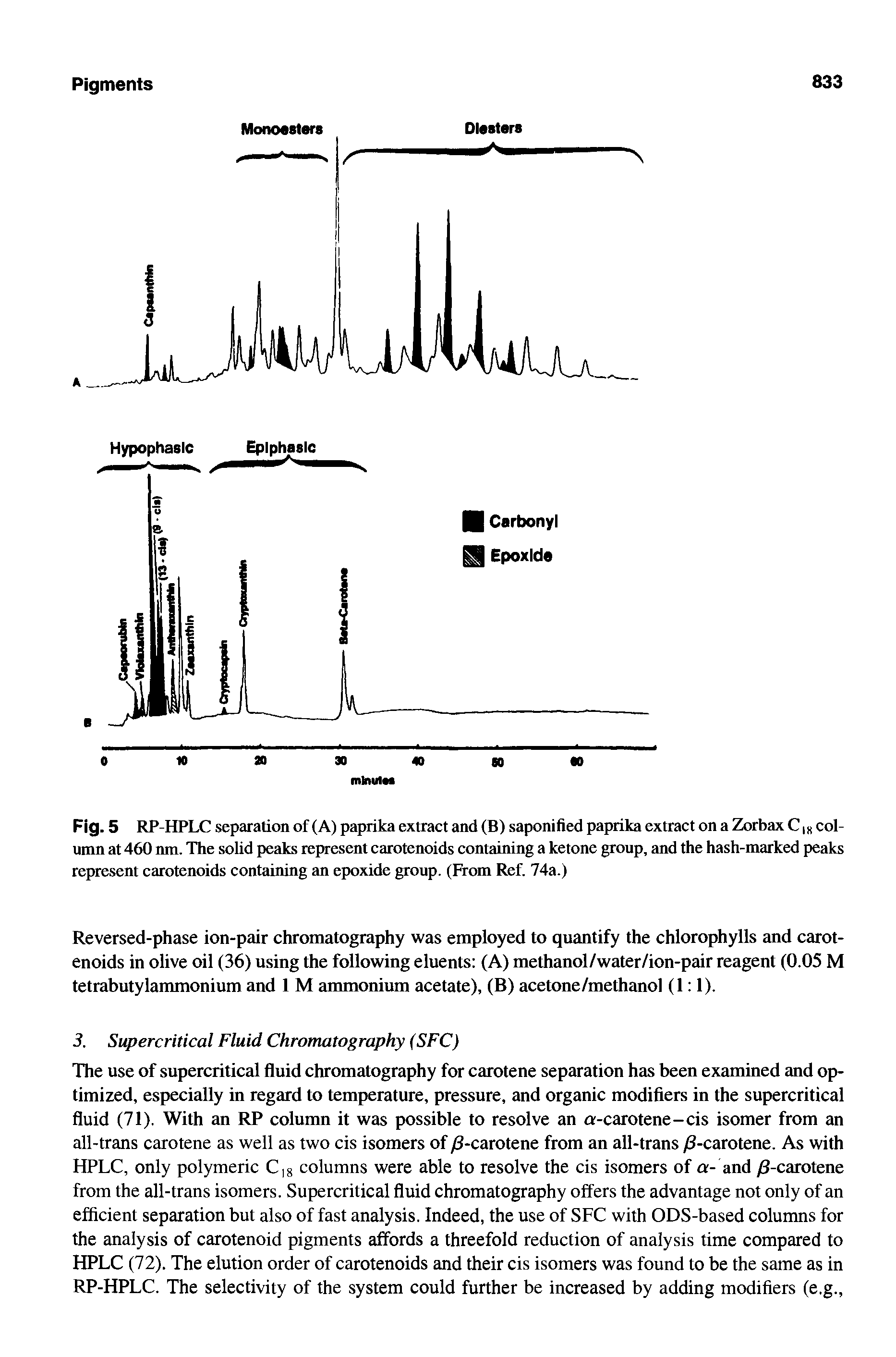 Fig. 5 RP-HPLC separation of (A) paprika extract and (B) saponified paprika extract on a Zorbax C l8 column at 460 nm. The solid peaks represent carotenoids containing a ketone group, and the hash-marked peaks represent carotenoids containing an epoxide group. (From Ref. 74a.)...