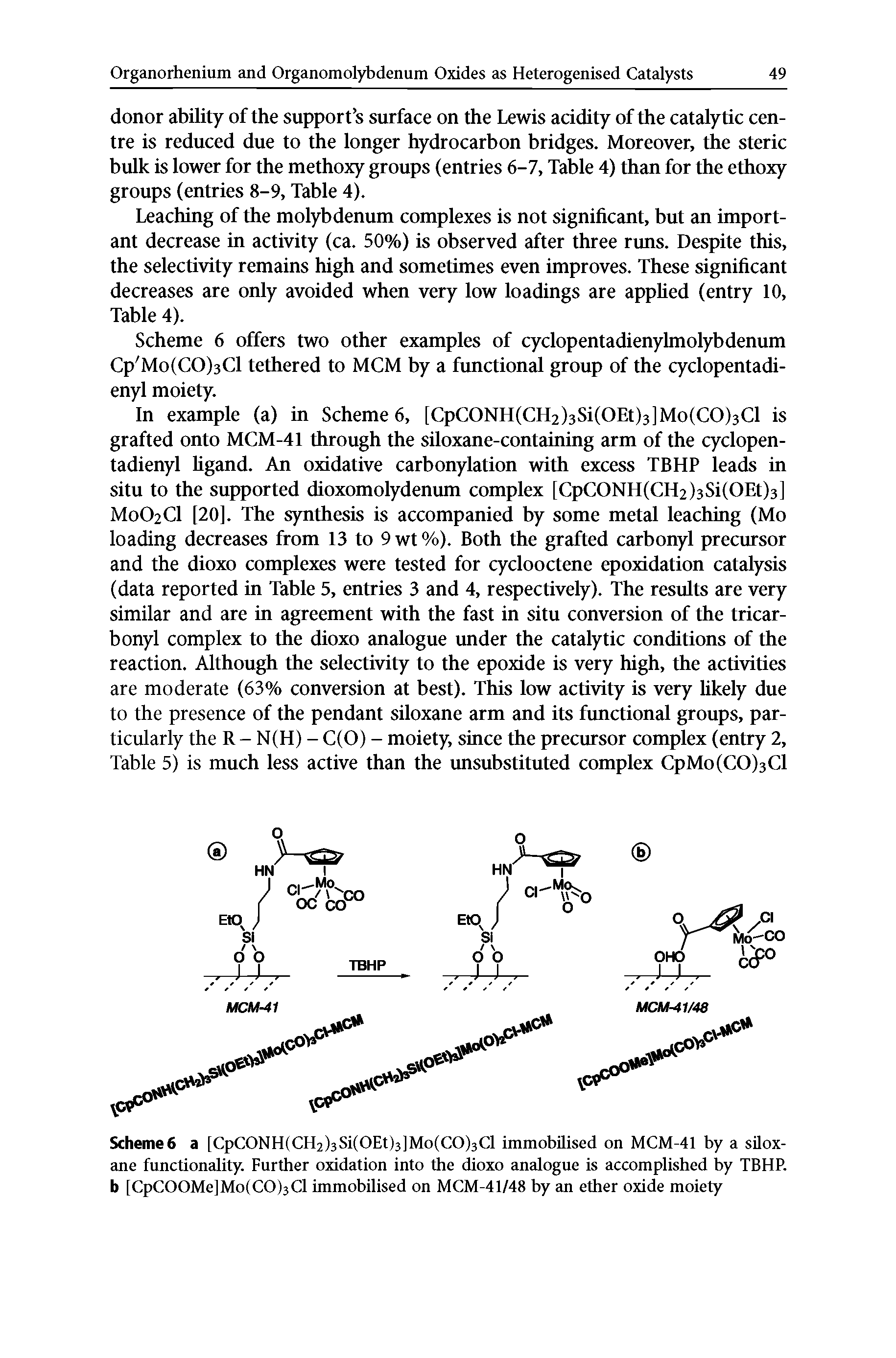 Schemes a [CpCONH(CH2)3Si(OEt)3 Mo(CO)3Cl immobilised on MCM-41 by a sUox-ane functionality. Further oxidation into the dioxo analogue is accomplished by TBHP. b [CpCOOMe]Mo(CO)3Cl immobilised on MCM-41/48 by an ether oxide moiety...