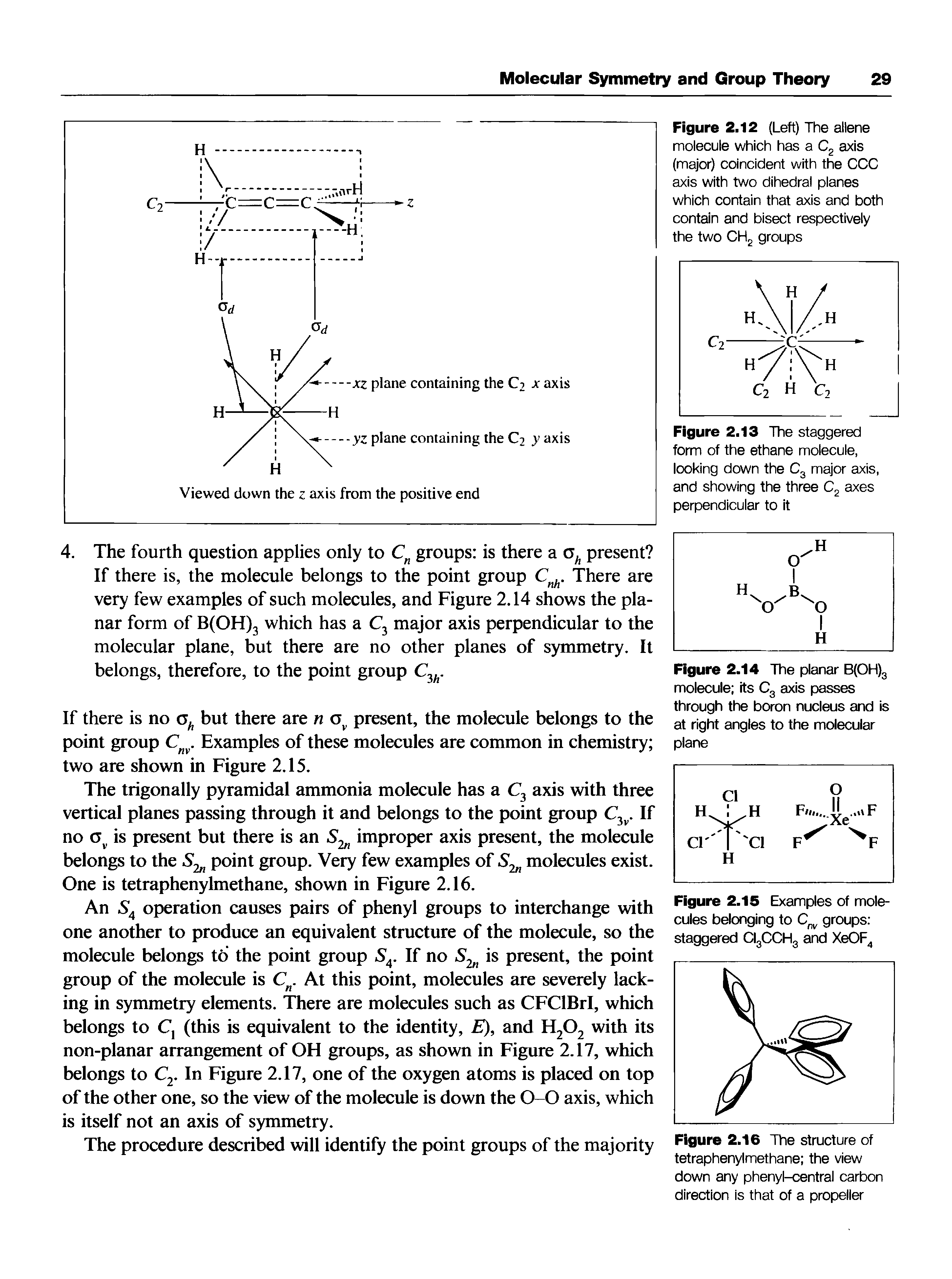 Figure 2.13 The staggered form of the ethane molecule, looking down the C3 major axis, and showing the three C2 axes perpendicular to it...