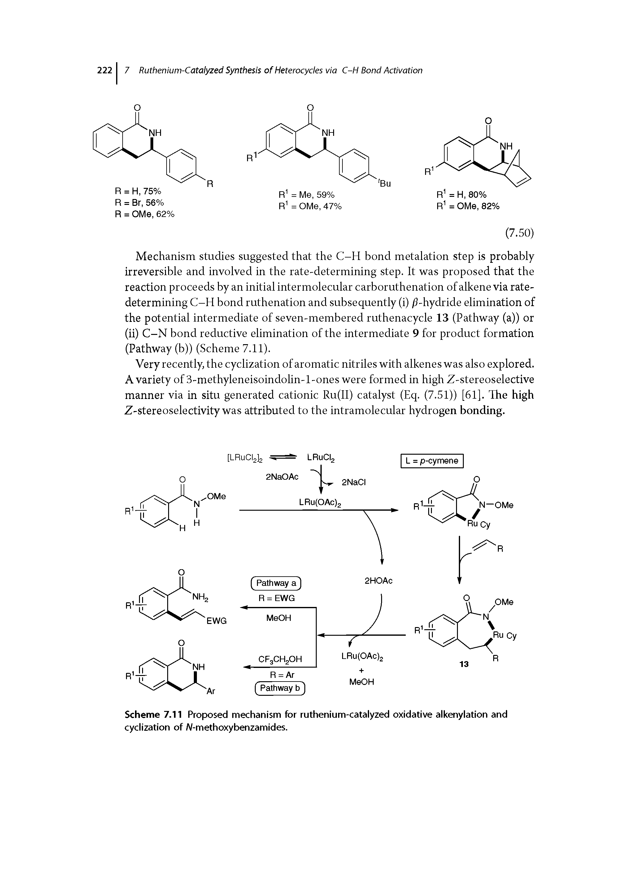 Scheme 7.11 Proposed mechanism for ruthenium-catalyzed oxidative alkenylation and cyclization of N-methoxybenzamides.