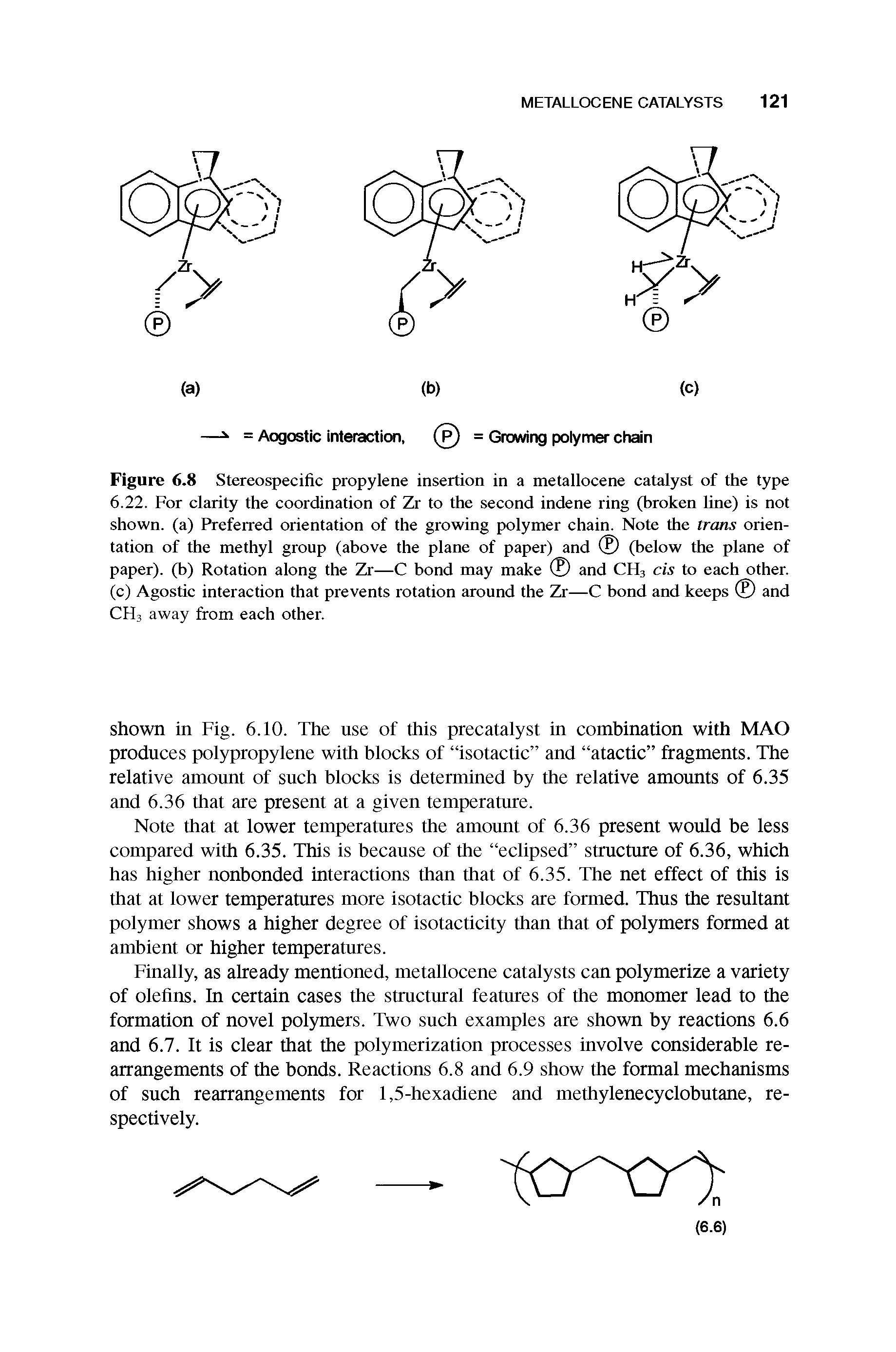 Figure 6.8 Stereospecific propylene insertion in a metallocene catalyst of the type 6.22. For clarity the coordination of Zr to the second indene ring (broken line) is not shown, (a) Preferred orientation of the growing polymer chain. Note the trans orientation of the methyl group (above the plane of paper) and (below the plane of paper), (b) Rotation along the Zr—C bond may make and CH3 cis to each other, (c) Agostic interaction that prevents rotation around the Zr—C bond and keeps and CH3 away from each other.