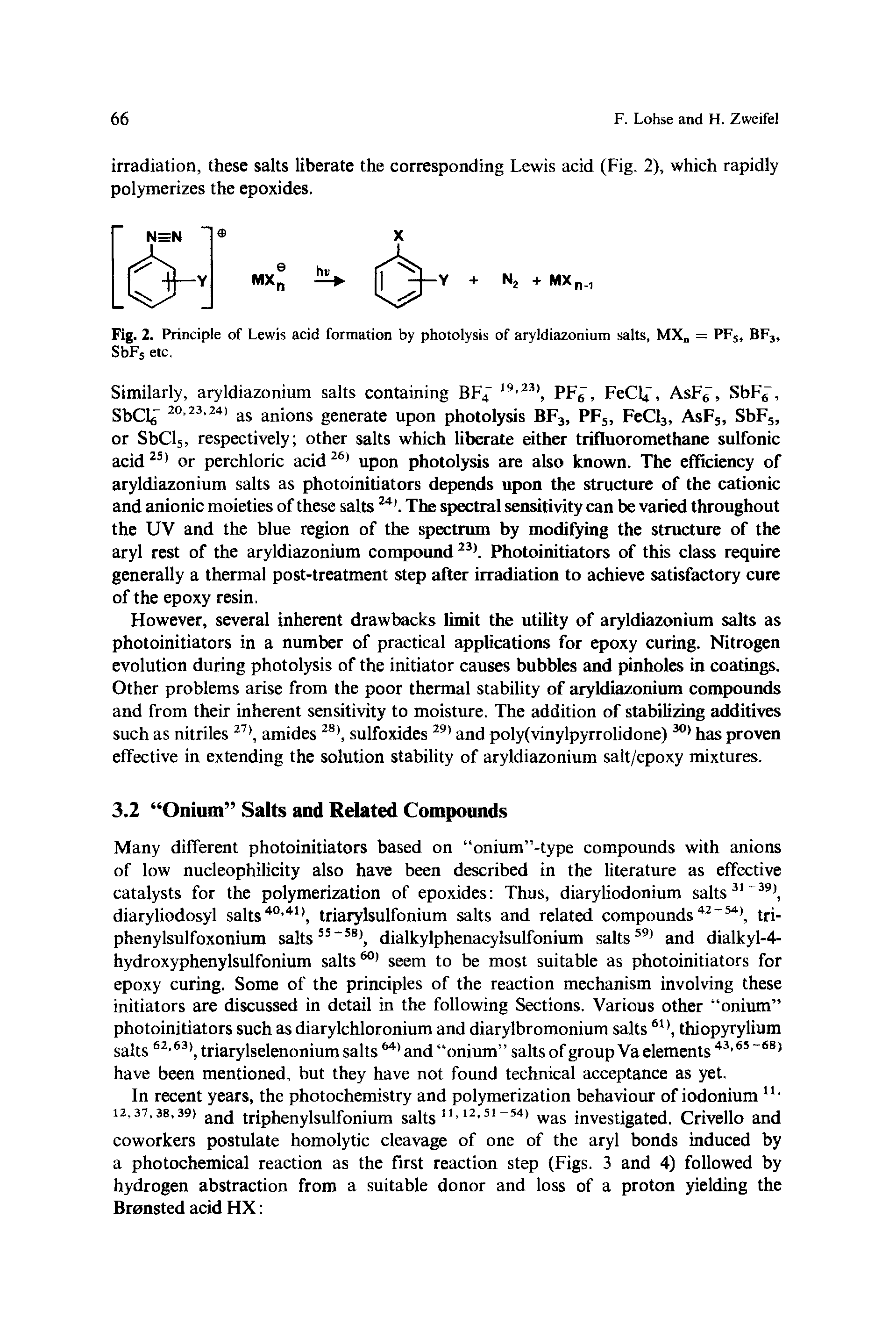 Fig. 2. Principle of Lewis acid formation by photolysis of aryldiazonium salts, MX = PFj, BFj, SbFs etc.