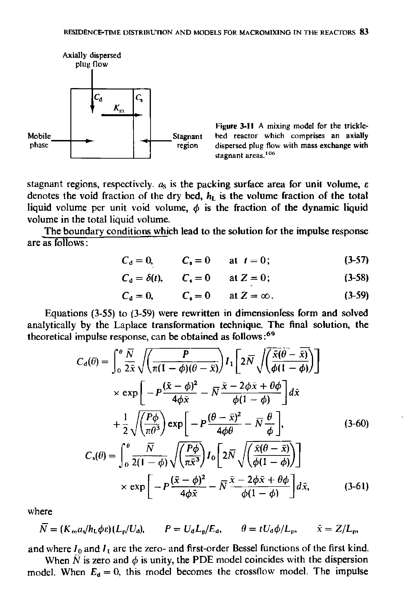 Figure 3-11 A mixing model for the trickle-bed reactor which comprises an axially dispersed plug flow with mass exchange with stagnant areas.106...