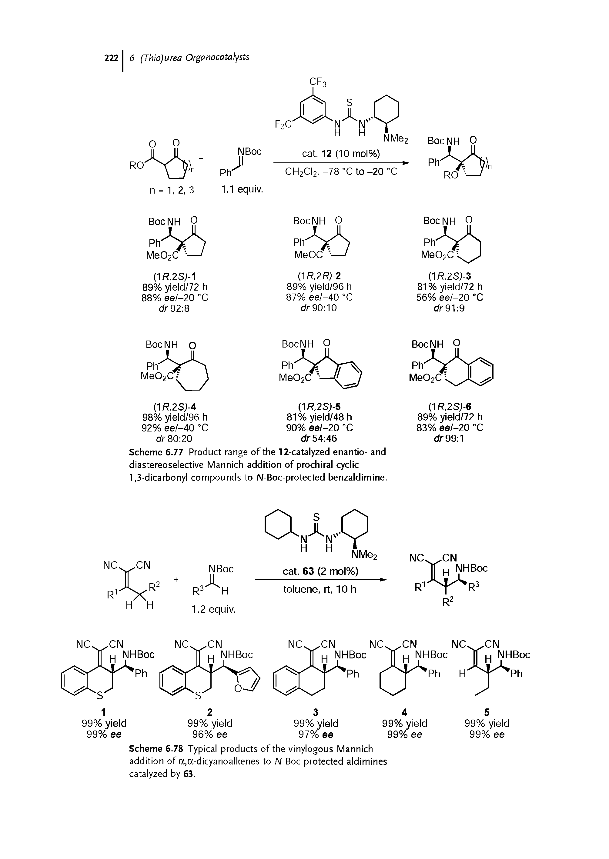 Scheme 6.77 Product range of the 12-catalyzed enantio- and diastereoselective Mannich addition of prochiral cyclic 1,3-dicarbonyl compounds to N-Boc-protected benzaldimine.