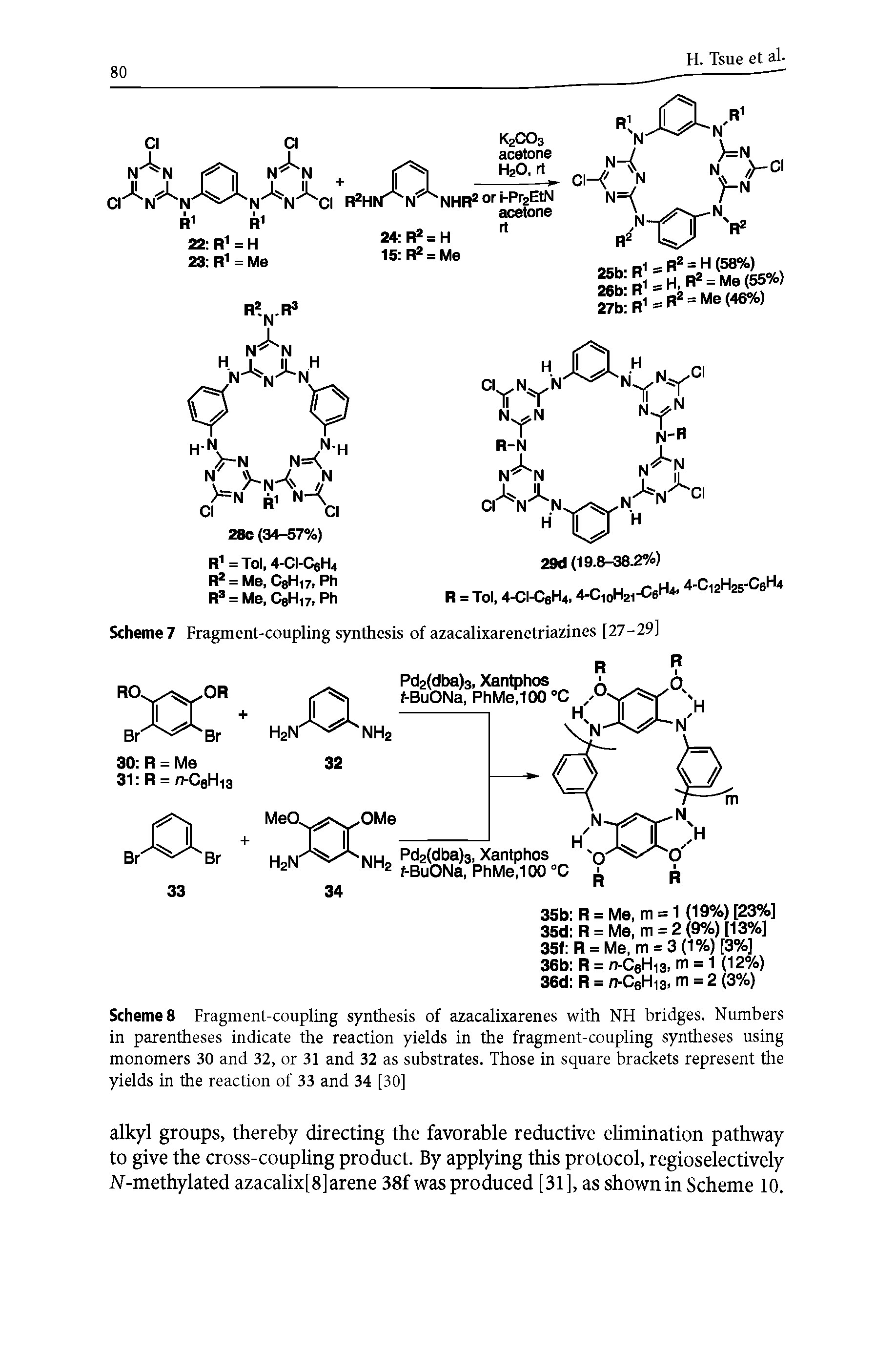 Schemes Fragment-coupling synthesis of azacalixarenes with NH bridges. Numbers in parentheses indicate the reaction yields in the fragment-coupling syntheses using monomers 30 and 32, or 31 and 32 as substrates. Those in square brackets represent the yields in the reaction of 33 and 34 [30]...