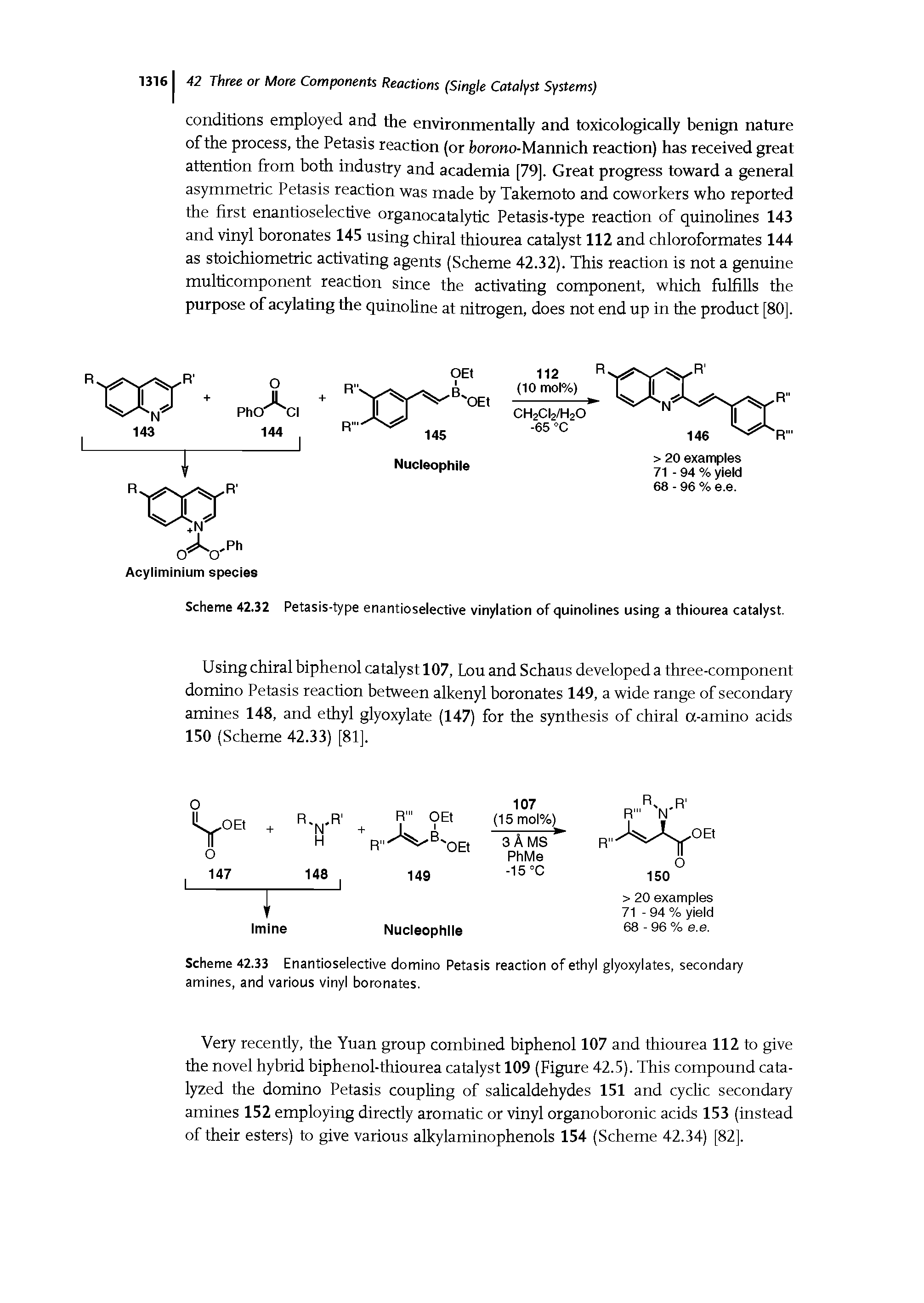 Scheme 42.33 Enantioselective domino Petasis reaction of ethyl glyoxylates, secondary amines, and various vinyl boronates.