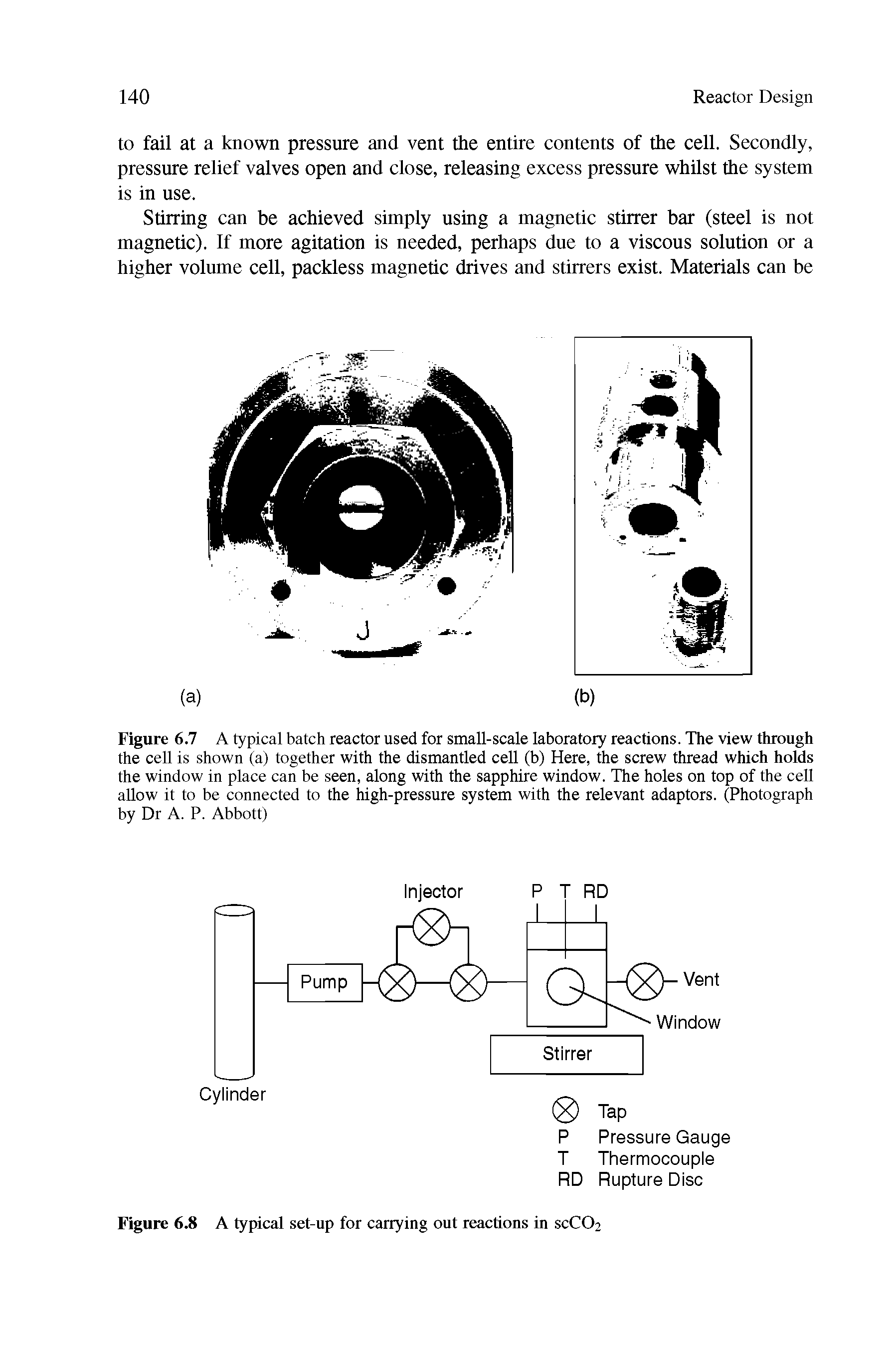 Figure 6.7 A typical batch reactor used for small-scale laboratory reactions. The view through the cell is shown (a) together with the dismantled cell (b) Here, the screw thread which holds the window in place can be seen, along with the sapphire window. The holes on top of the cell allow it to be connected to the high-pressure system with the relevant adaptors. (Photograph by Dr A. P. Abbott)...