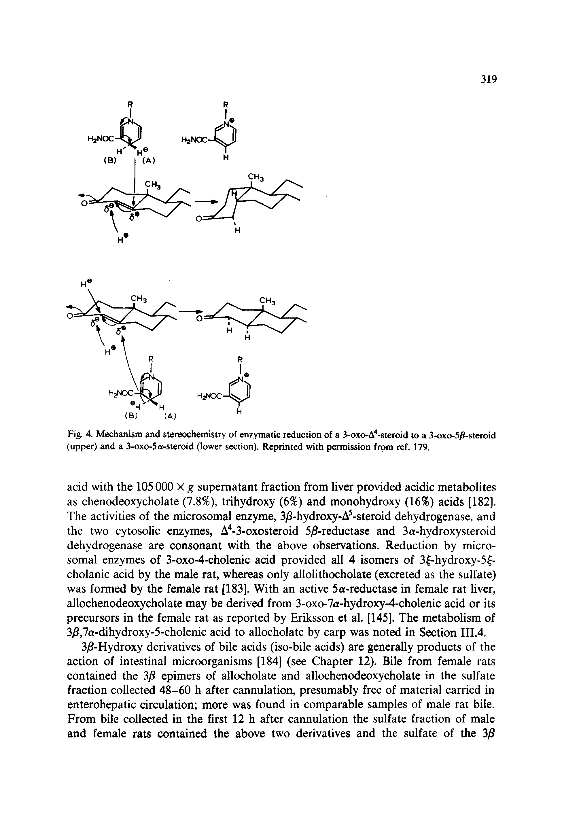 Fig. 4. Mechanism and stereochemistry of enzymatic reduction of a 3-oxo-A -steroid to a 3-oxo-5 8-steroid (upper) and a 3-oxo-5a-steroid (lower section). Reprinted with permission from ref. 179.