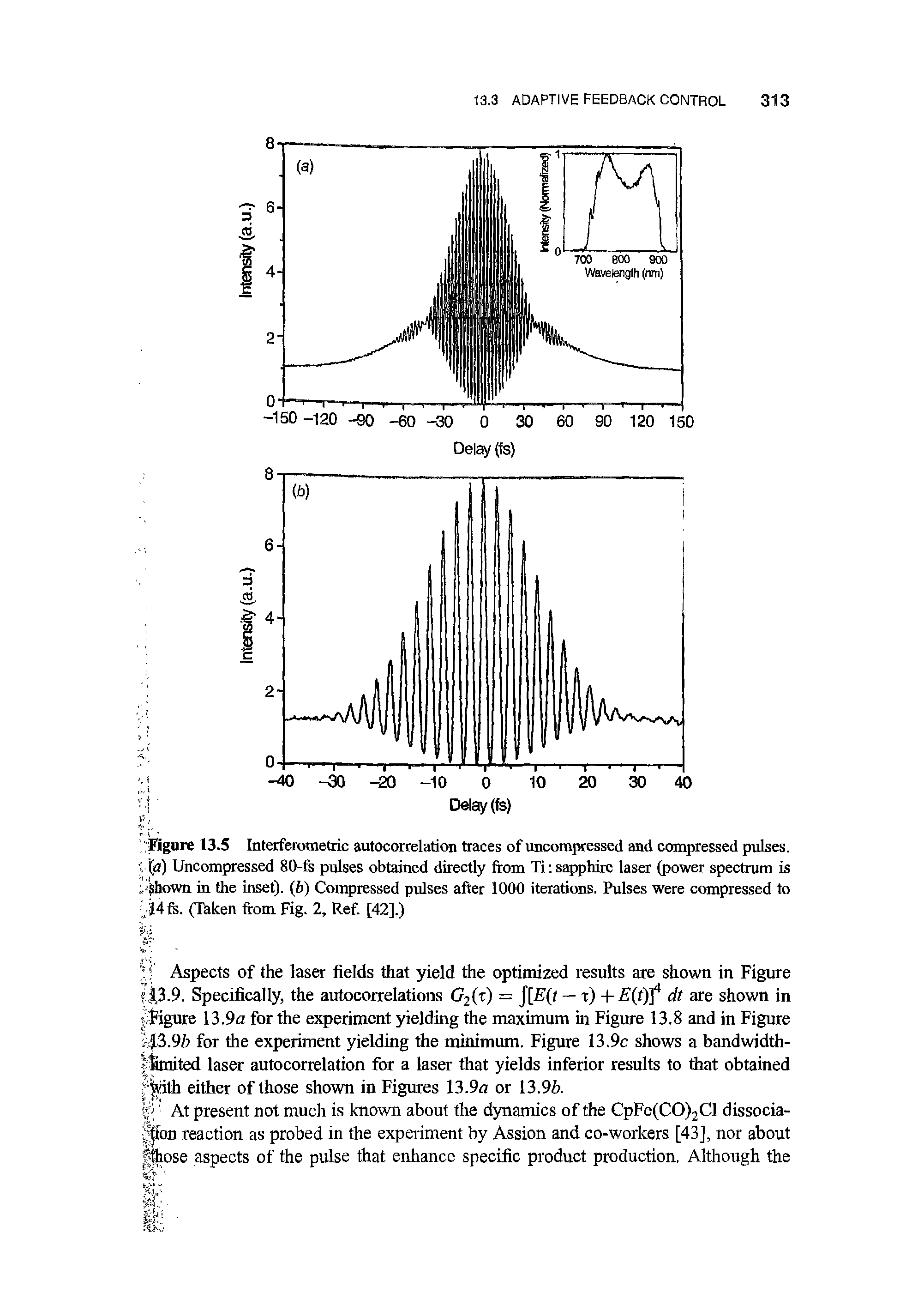 Figure 13.5 Interferometric autocorrelation traces of uncompressed and compressed pulses. 1 (a) Uncompressed 80-fs pulses obtained directly from Ti sapphire laser (power spectrum is Shown in the inset), (b) Compressed pulses after 1000 iterations. Pulses were compressed to (Taken from Fig. 2, Ref. [42].)...