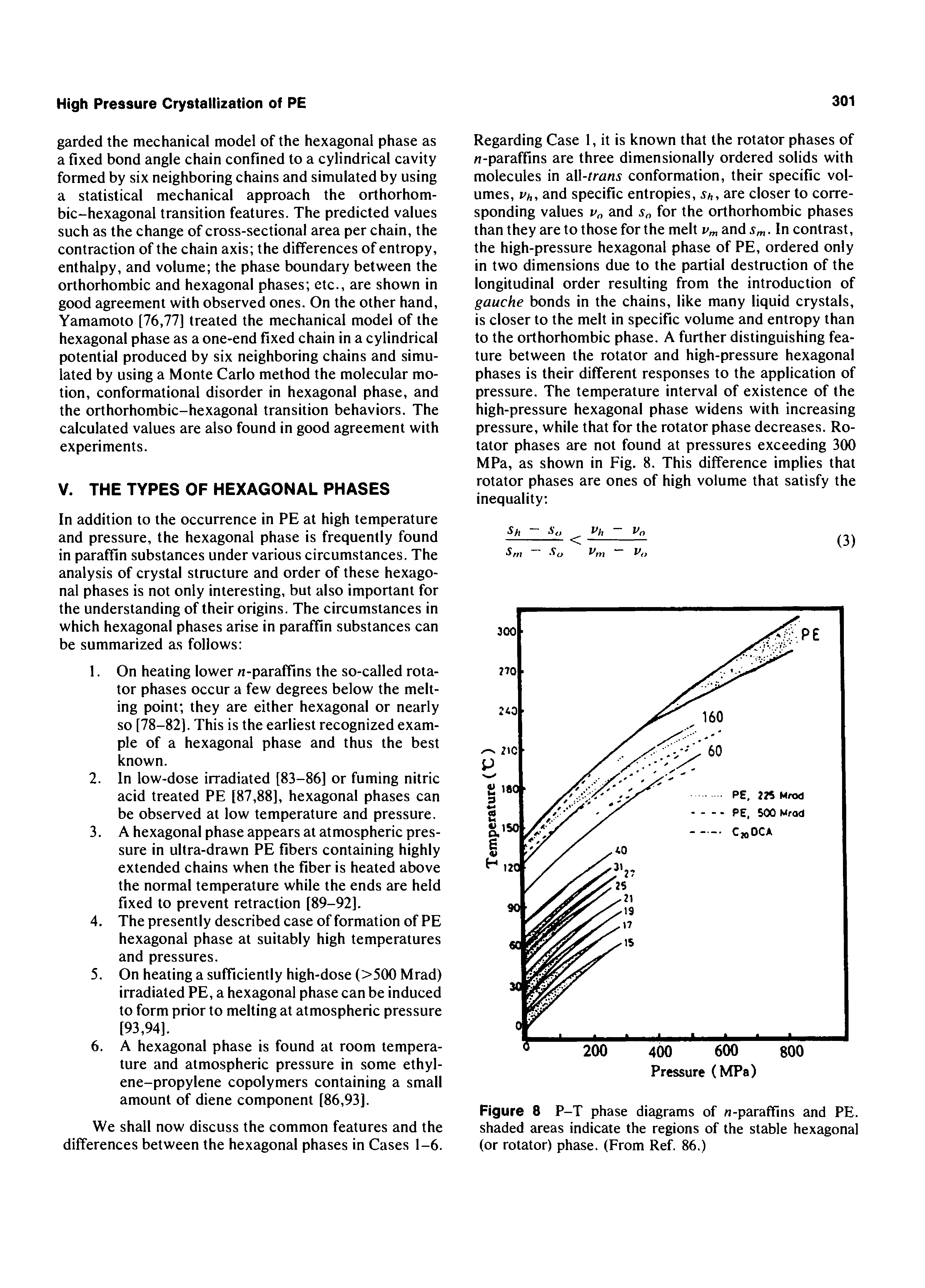 Figure 8 P-T phase diagrams of -paraffins and PE. shaded areas indicate the regions of the stable hexagonal (or rotator) phase. (From Ref. 86.)...