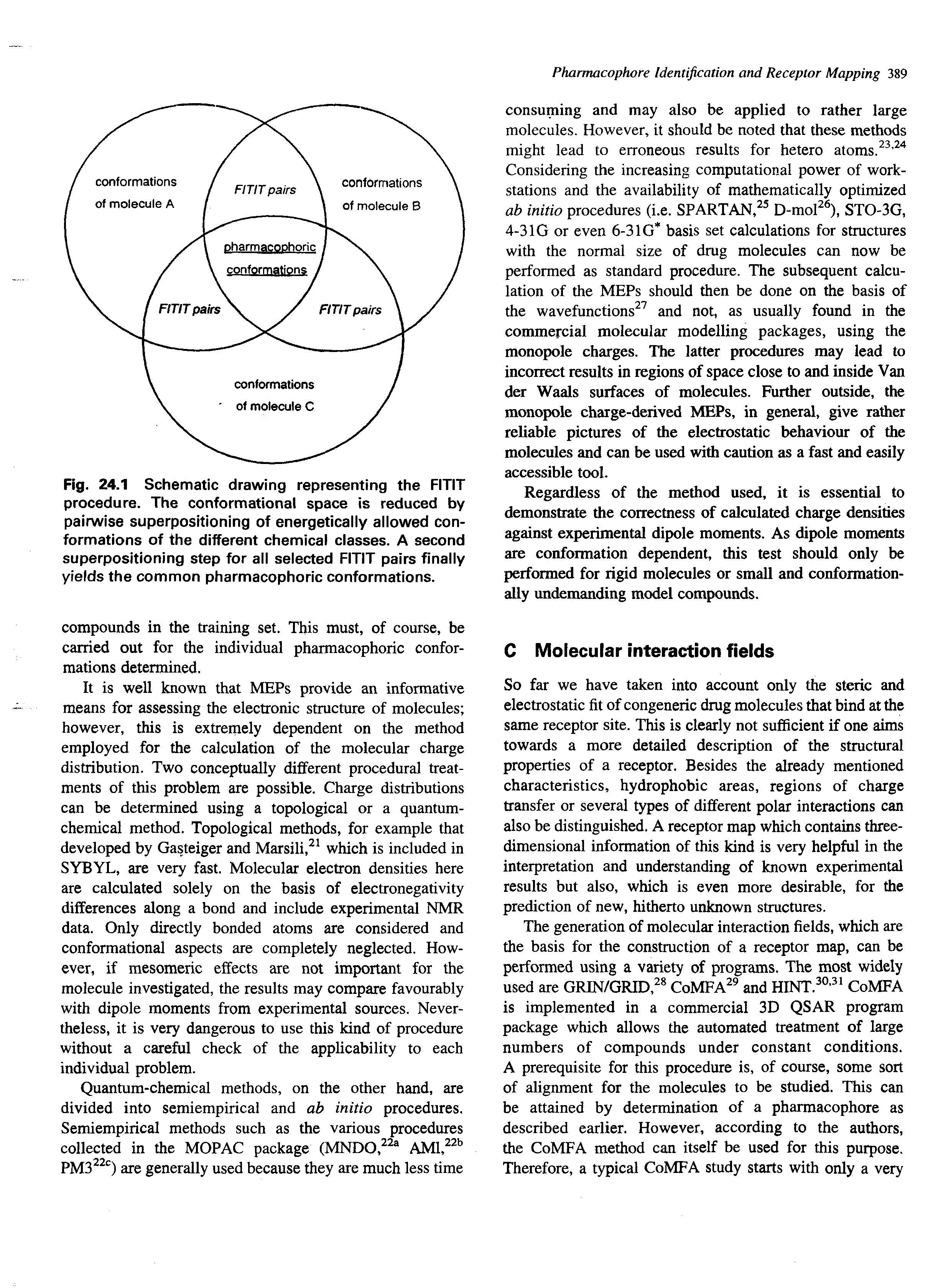 Fig. 24.1 Schematic drawing representing the FITIT procedure. The conformational space is reduced by pairwise superpositioning of energetically allowed conformations of the different chemical classes. A second superpositioning step for all selected FITIT pairs finally yields the common pharmacophoric conformations.