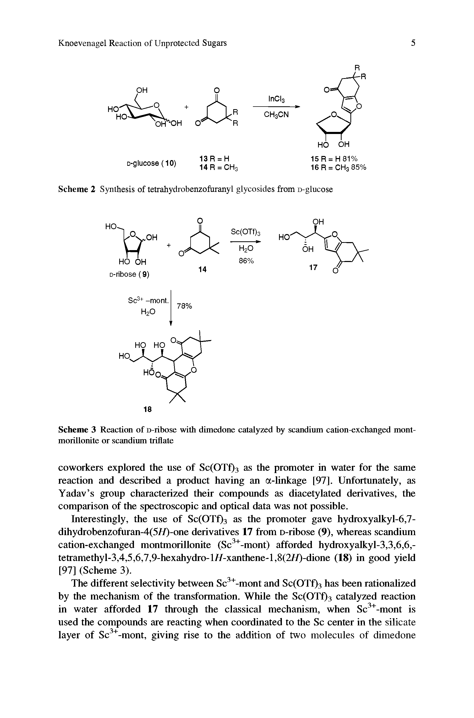 Scheme 3 Reaction of D-ribose with dimedone catalyzed by scandium cation-exchanged mont-morillonite or scandium triflate...