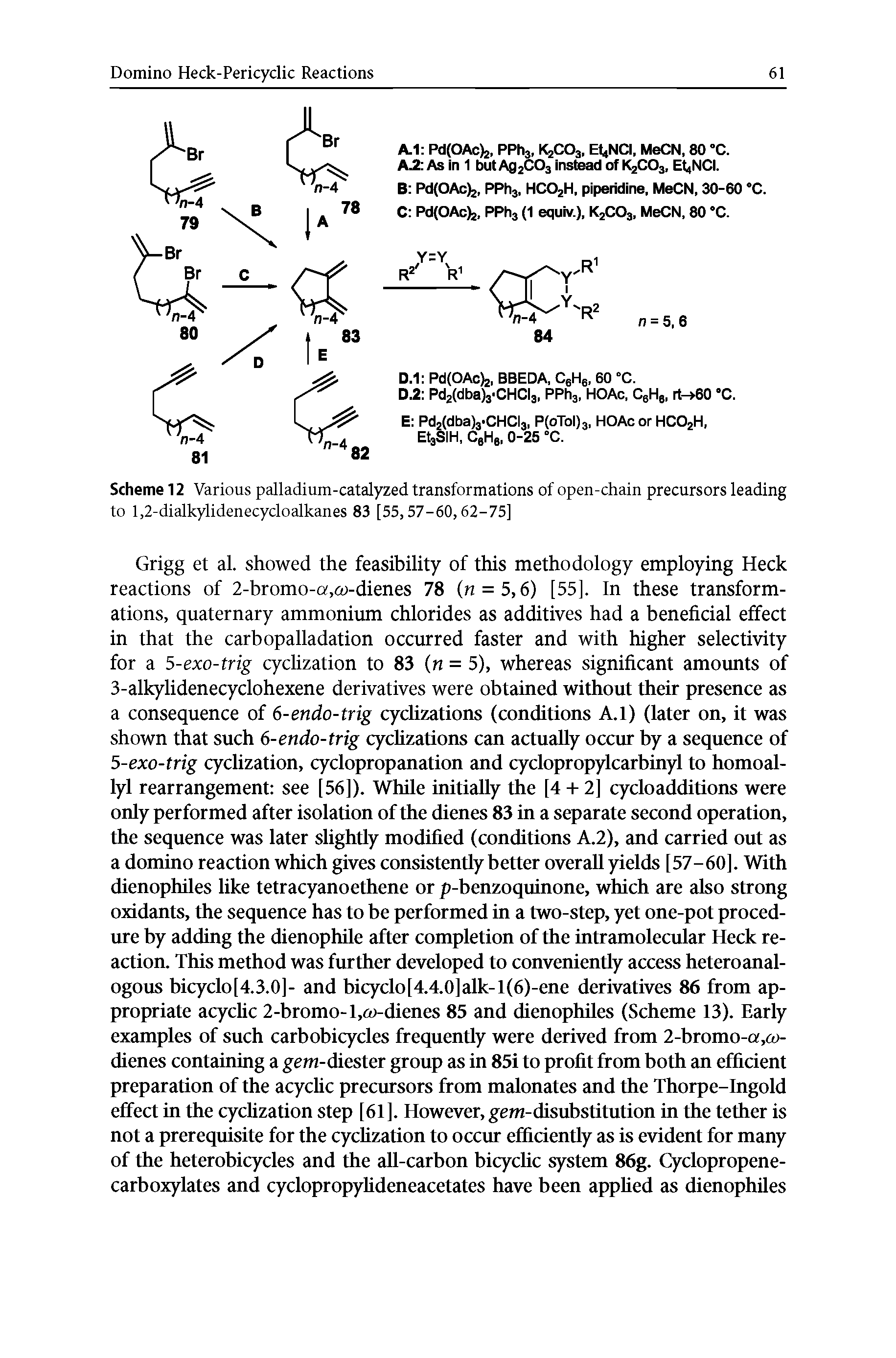 Scheme 12 Various palladium-catalyzed transformations of open-chain precursors leading to 1,2-dialkylidenecycloalkanes 83 [55,57-60,62-75]...