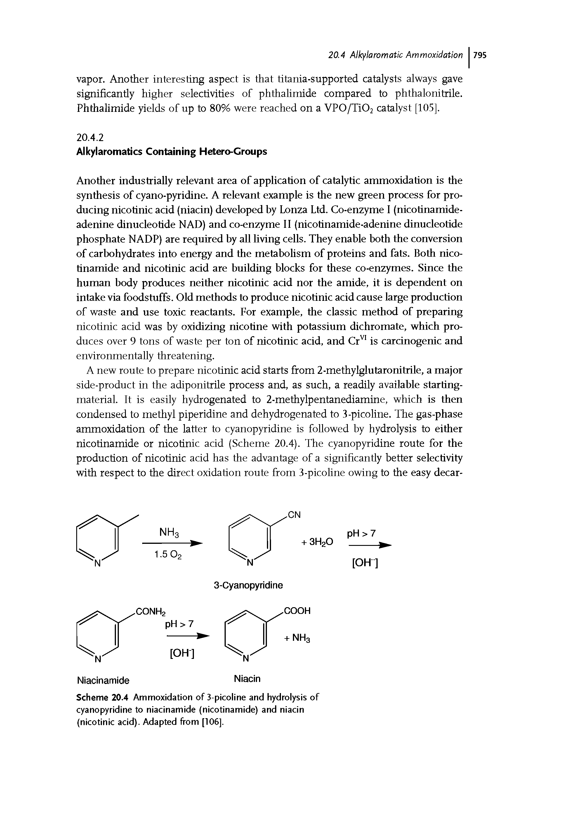 Scheme 20.4 Ammoxidation of 3-picoline and hydrolysis of cyanopyridine to niacinamide (nicotinamide) and niacin (nicotinic acid). Adapted from [106].