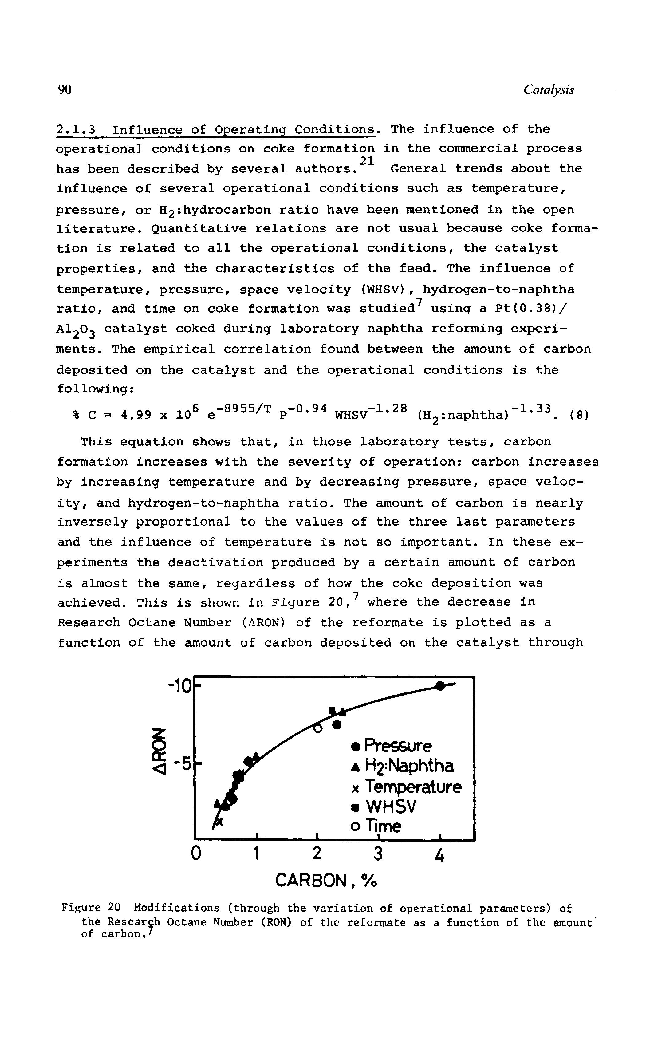 Figure 20 Modifications (through the variation of operational parameters) of the Research Octane Number (RON) of the reformate as a function of the amount of carbon./...