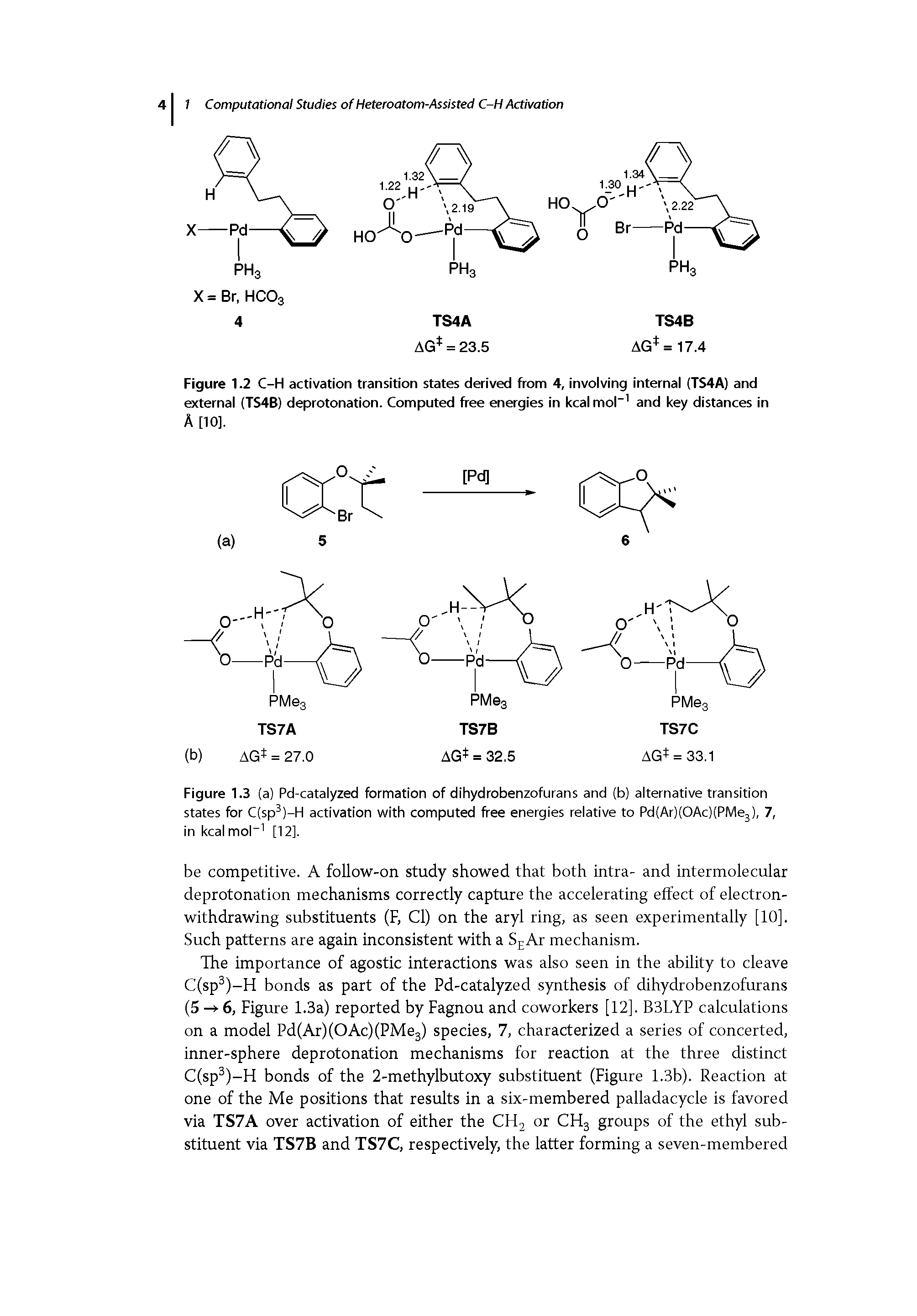 Figure 1.2 C-H activation transition states derived from 4, involving internal (TS4A) and external (TS4B) deprotonation. Computed free energies in kcal mol" and key distances in...