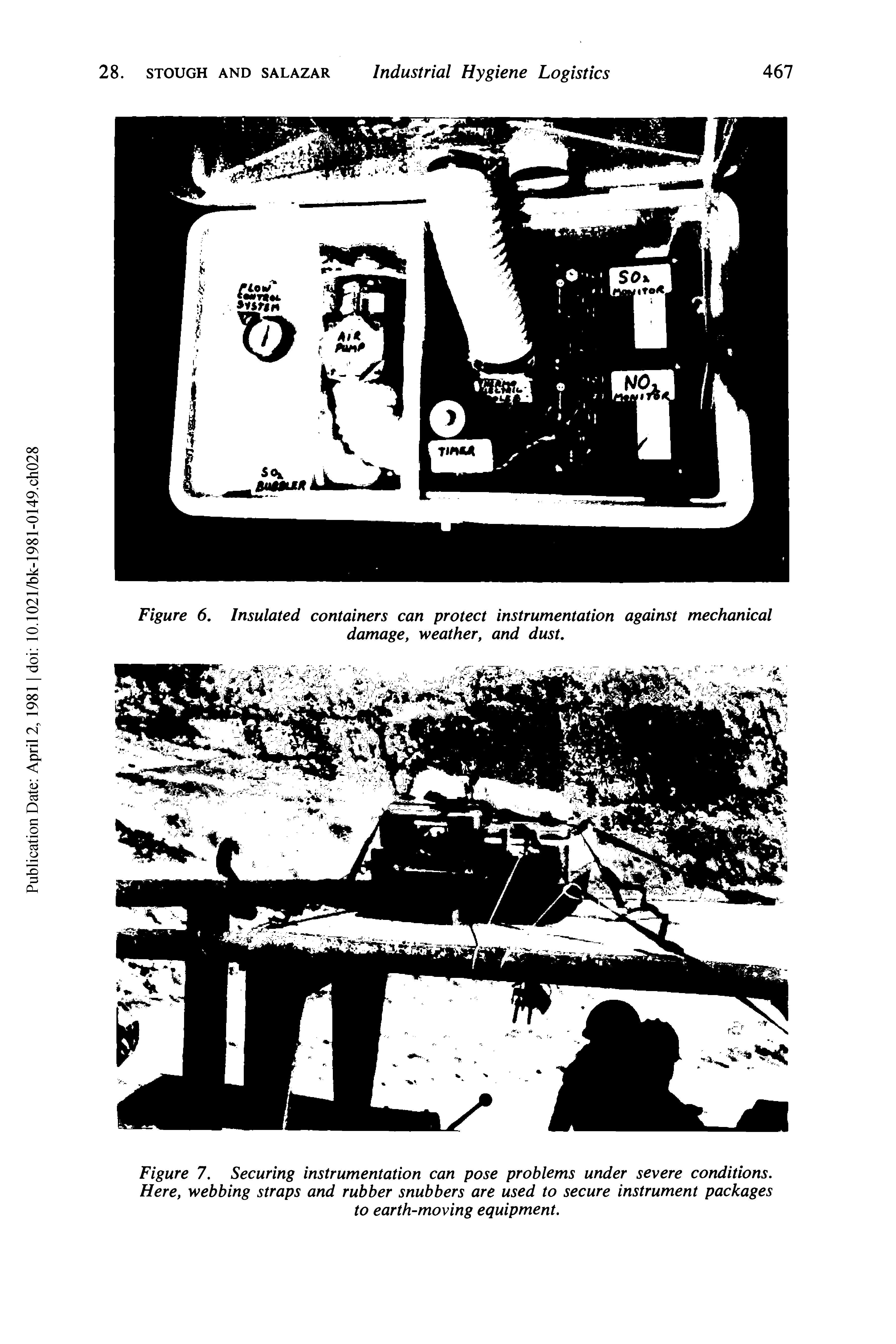 Figure 7. Securing instrumentation can pose problems under severe conditions. Here, webbing straps and rubber snubbers are used to secure instrument packages to earth-moving equipment.