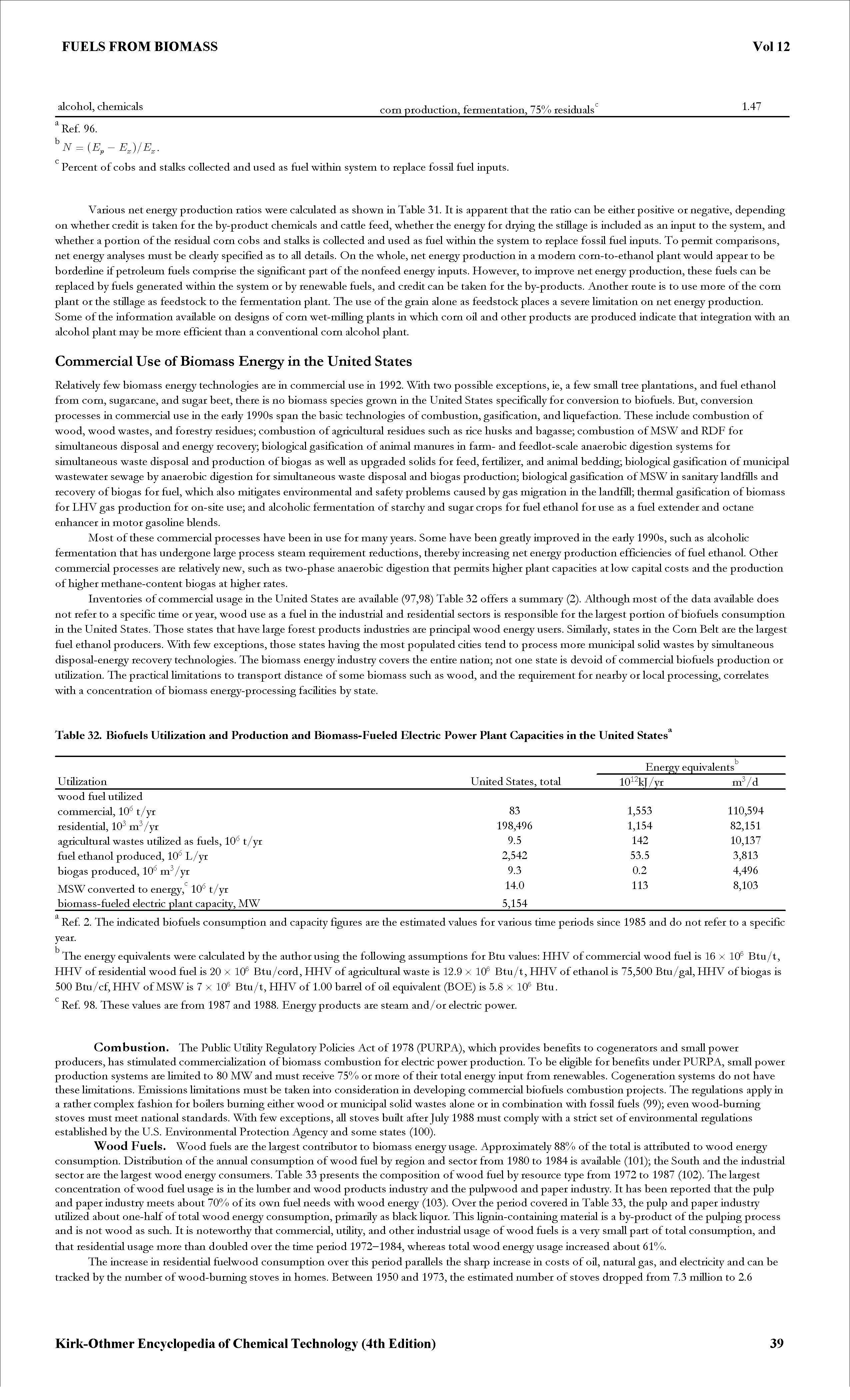 Table 32. Biofuels Utilization and Production and Biomass-Fueled Electric Power Plant Capacities in the United States ...