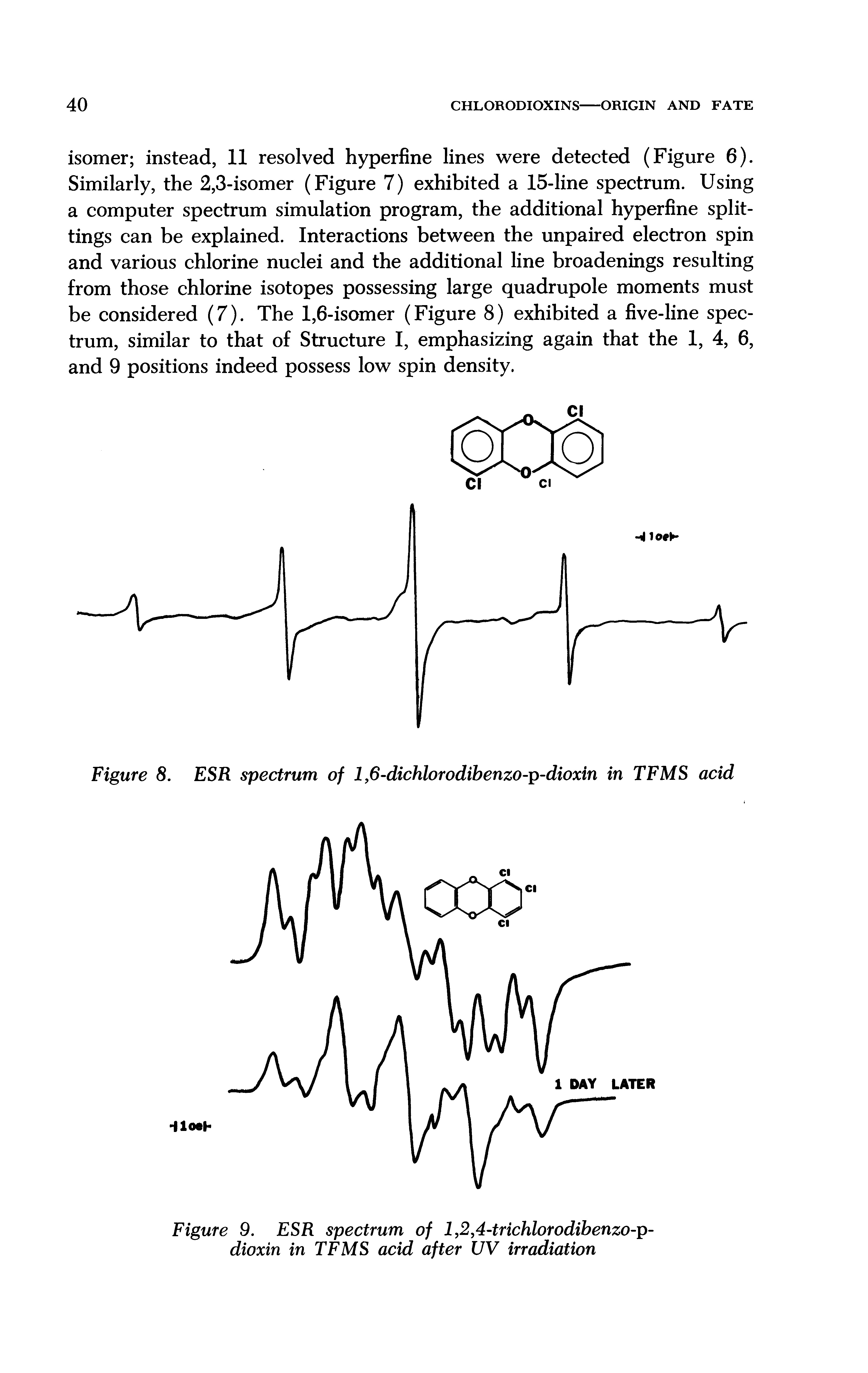 Figure 9. ESR spectrum of 1,2,4-trichlorodihenzo-p-dioxin in TFMS acid after UV irradiation...