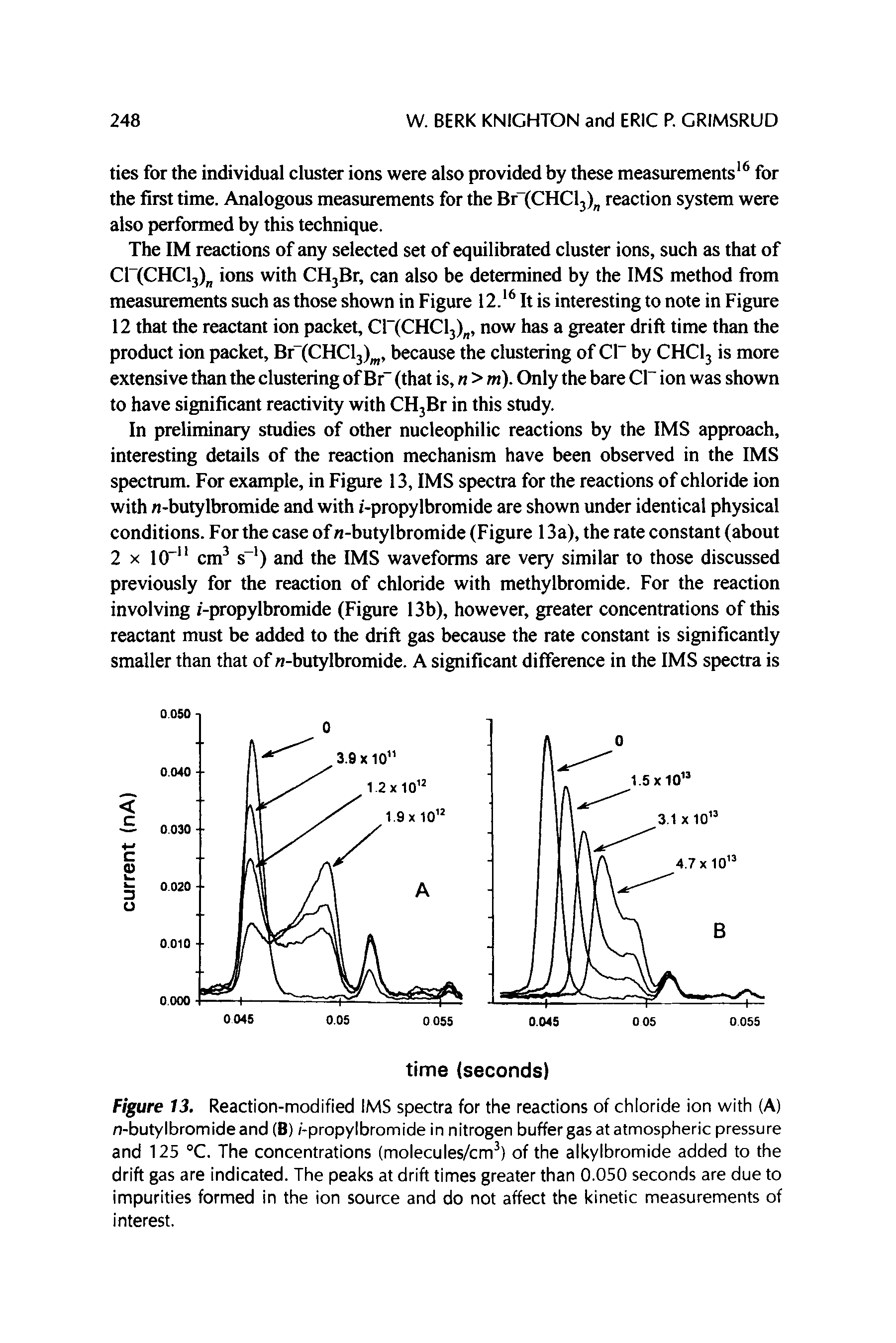 Figure 13. Reaction-modified IMS spectra for the reactions of chioride ion with (A) n-butylbromideand (B) /-propylbromide in nitrogen buffer gas at atmospheric pressure and 125 °C. The concentrations (molecules/cm ) of the alkylbromide added to the drift gas are indicated. The peaks at drift times greater than 0.050 seconds are due to impurities formed in the ion source and do not affect the kinetic measurements of interest.