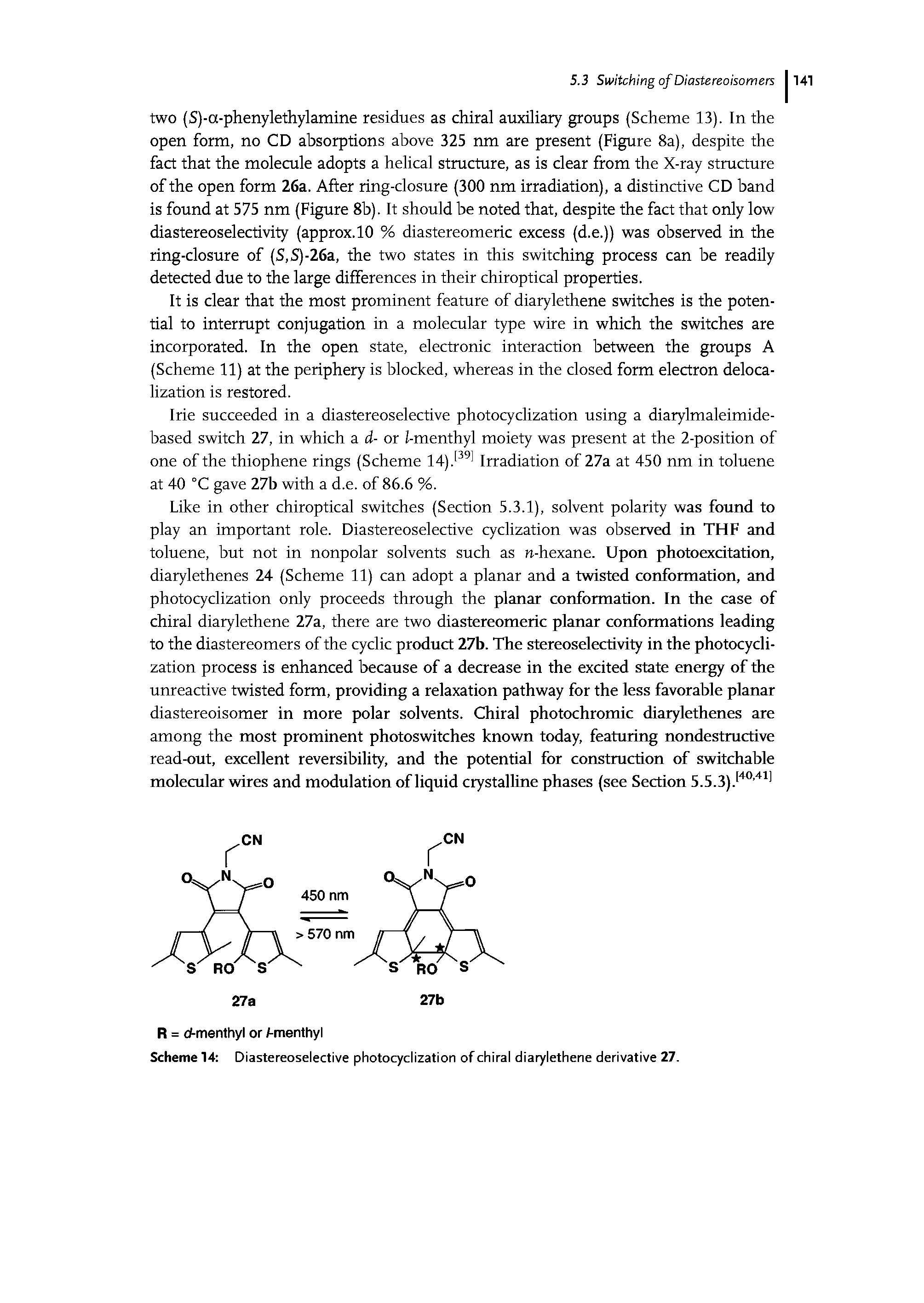 Scheme 14 Diastereoselective photocyclization of chiral diarylethene derivative 27.