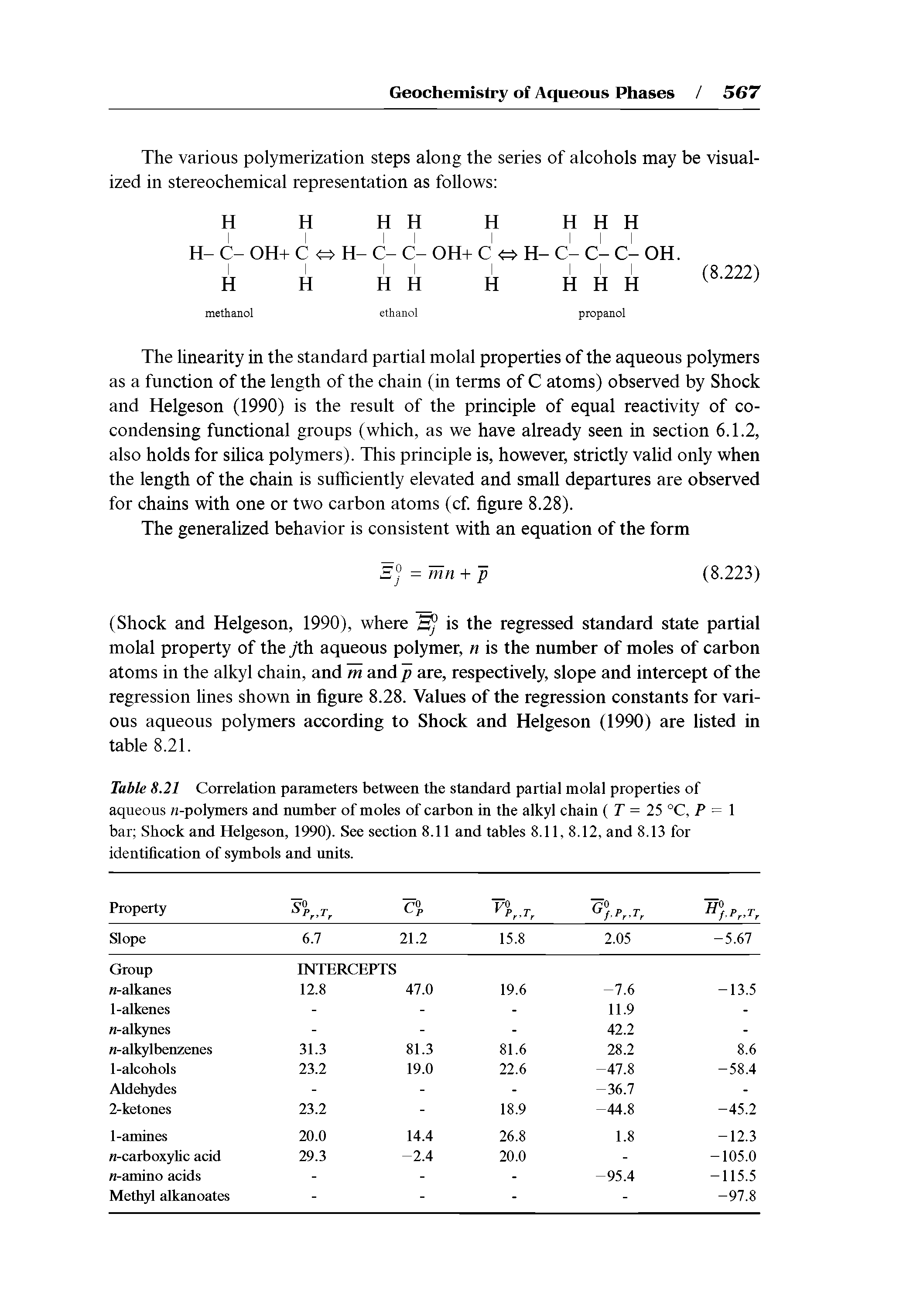 Table 8.21 Correlation parameters between the standard partial molal properties of aqueous -polymers and nnmber of moles of carbon in the alkyl chain (T = 25 °C, P = I bar Shock and Helgeson, 1990). See section 8.11 and tables 8.11, 8.12, and 8.13 for identihcation of symbols and nnits.