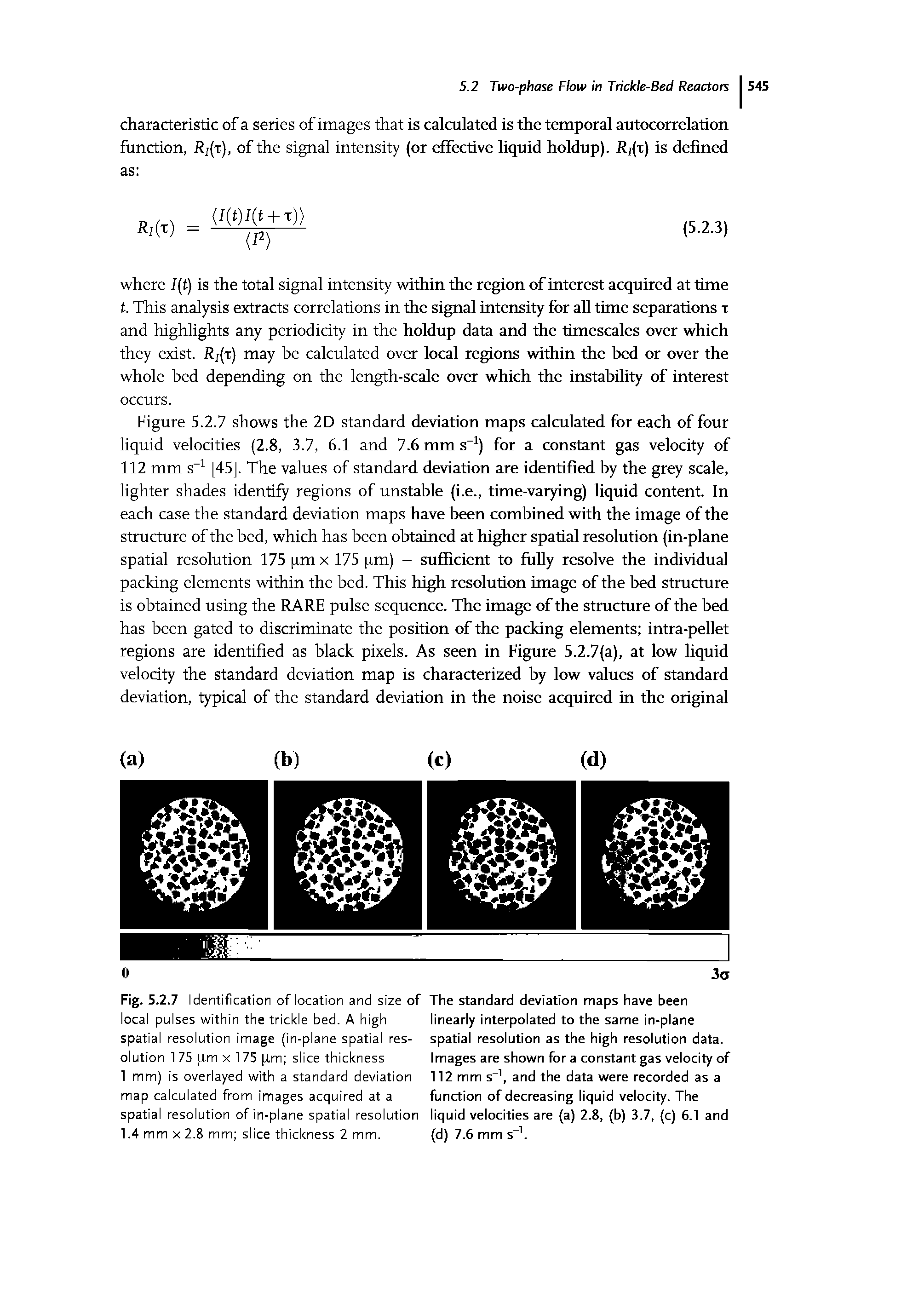 Fig. 5.2.7 Identification of location and size of local pulses within the trickle bed. A high spatial resolution image (in-plane spatial resolution 1 75 [tm x 175 im slice thickness 1 mm) is overlayed with a standard deviation map calculated from images acquired at a spatial resolution of in-plane spatial resolution 1.4 mm x 2.8 mm slice thickness 2 mm.