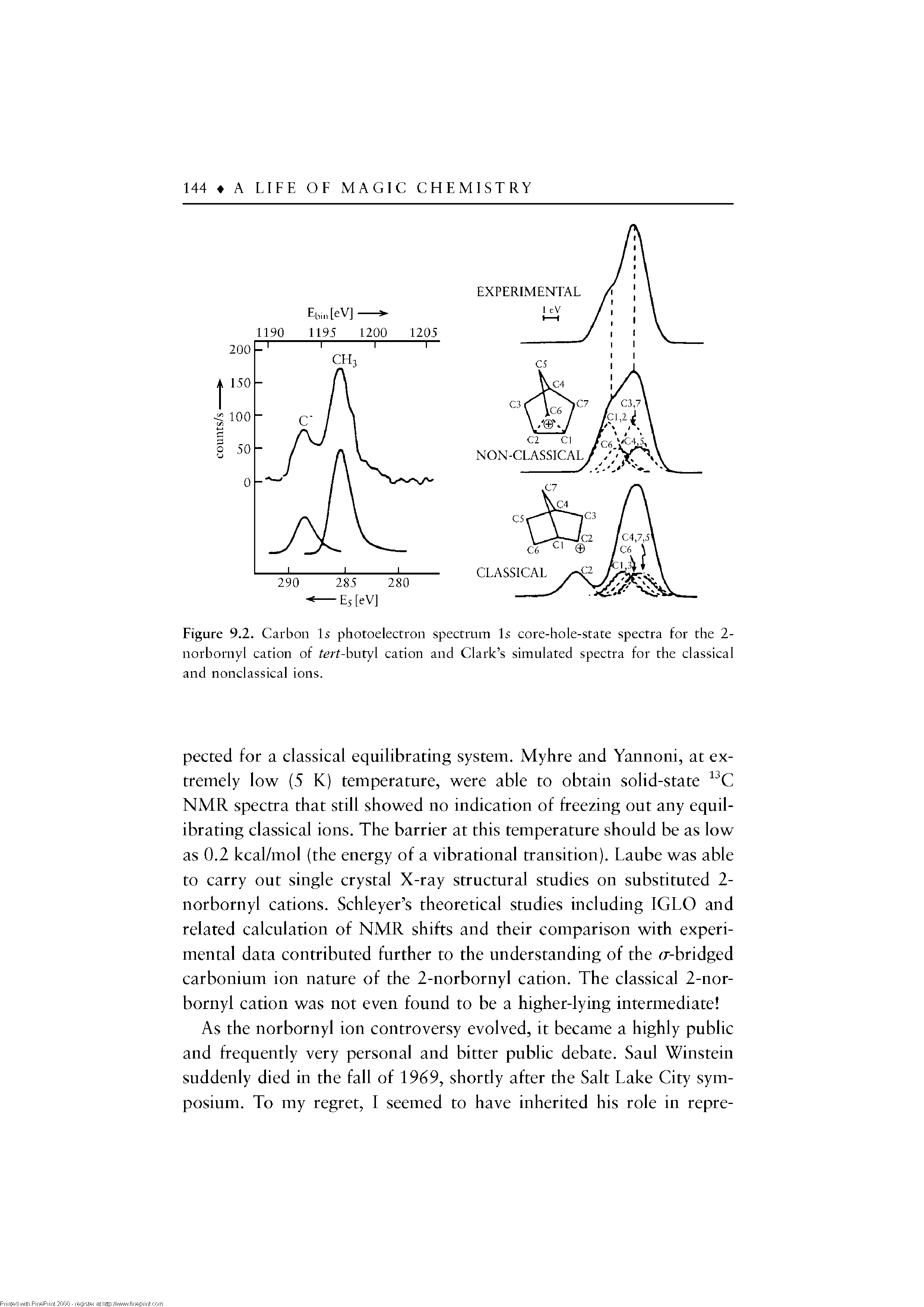 Figure 9.2. Carbon Is photoelectron spectrum Is core-hole-state spectra for the 2-norbornyl cation of tert-butyl cation and Clark s simulated spectra for the classical and nonclassical ions.