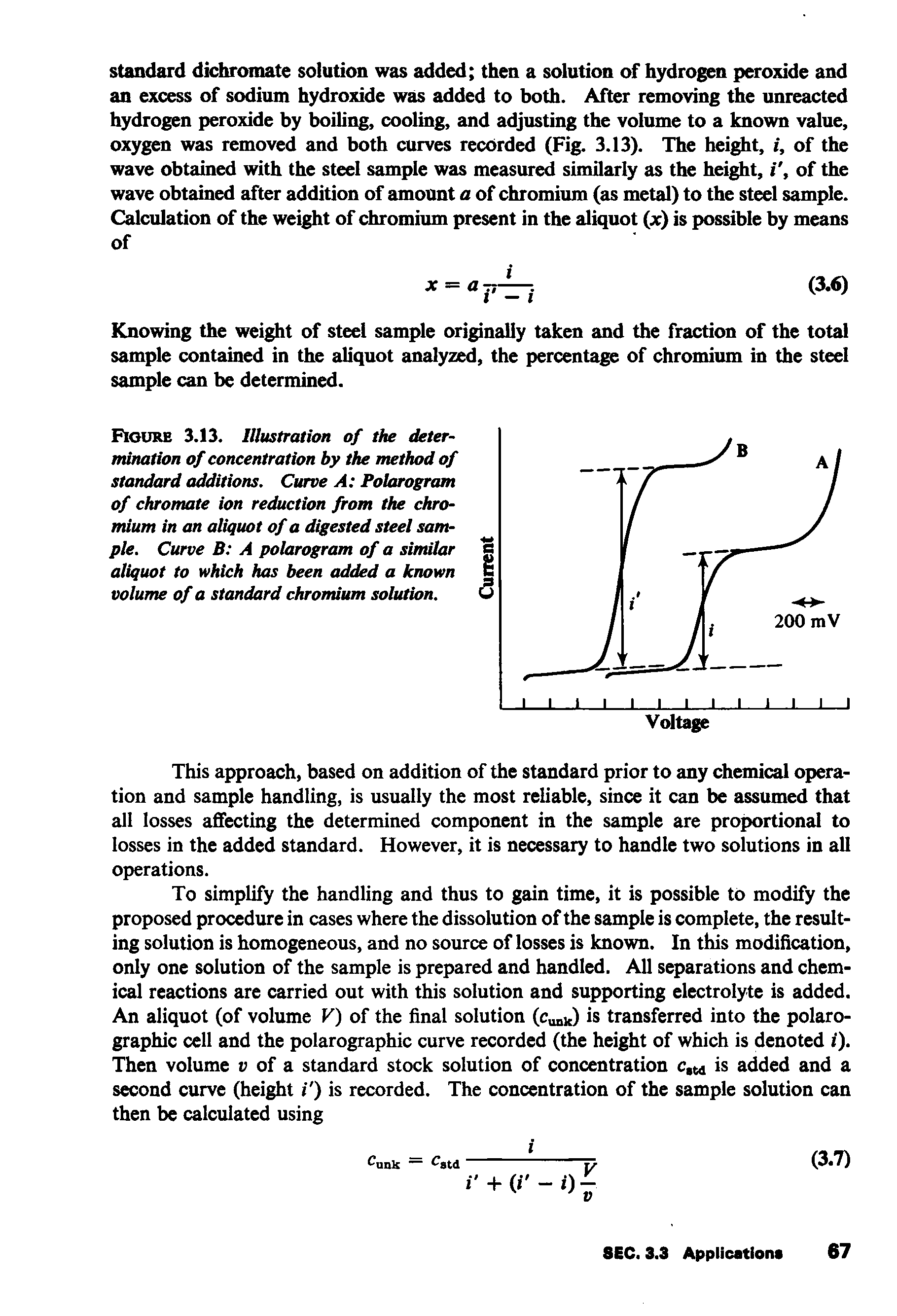 Figure 3.13. Illustration of the determination of concentration by the method of standard additions. Curve A Polarogram of chromate ion reduction from the chromium in an aliquot of a digested steel sanv-pie. Curve B A polarogram of a similar aliquot to which has been added a known volume of a standard chromium solution.