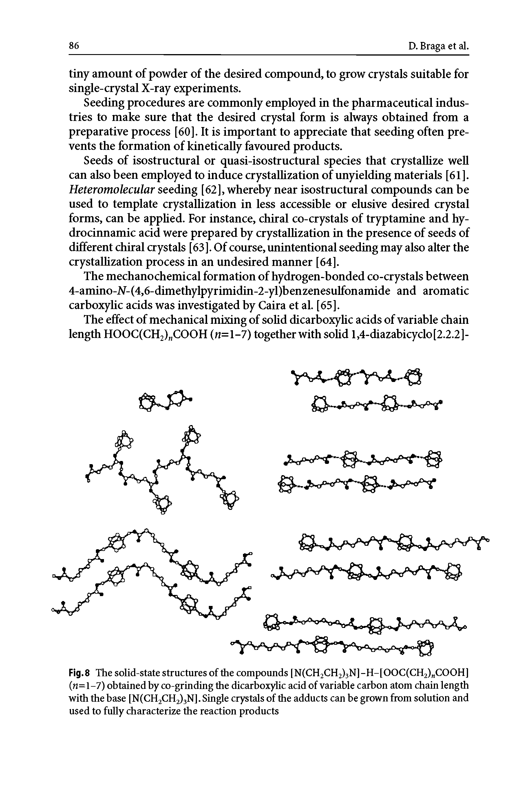Fig.8 The solid-state structures of the compounds [N(CH2CH2)3N]-H-[OOC(CH2) COOH] (n=l-7) obtained hy co-grinding the dicarhoxyhc acid of variable carbon atom chain length with the base [N(CH2CH2)3N]. Single crystals of the adducts can be grown from solution and used to fuUy characterize the reaction products...