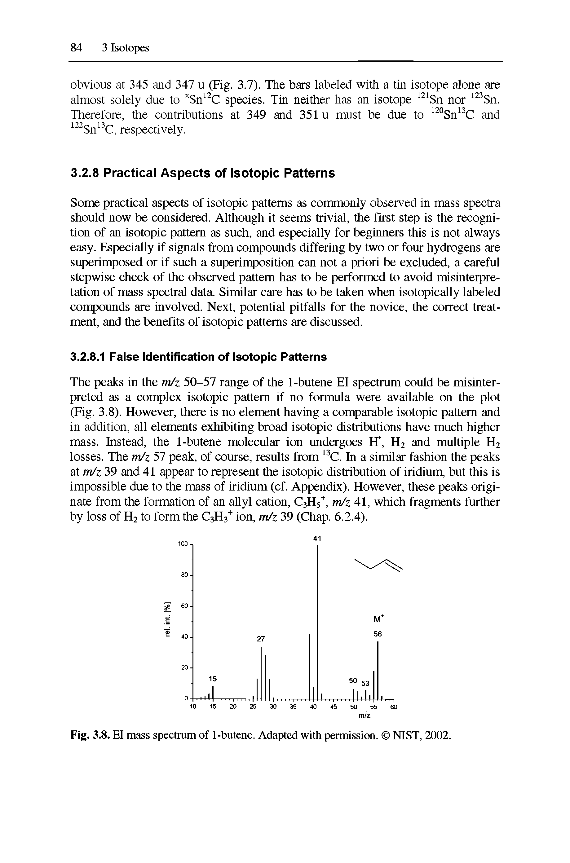 Fig. 3.8. El mass spectrum of 1-butene. Adapted with permission. NIST, 2002.