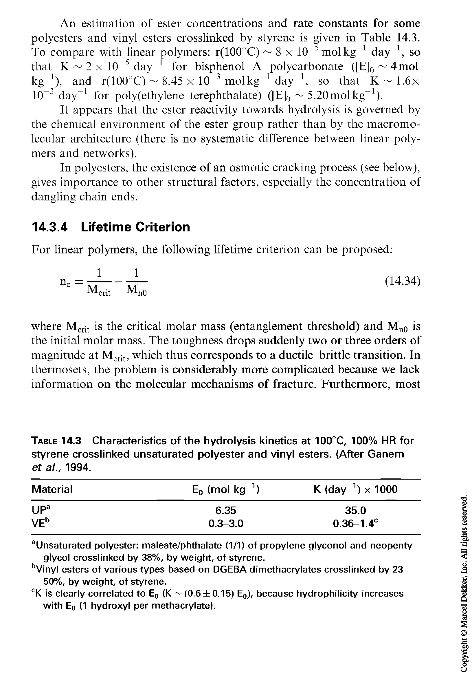 Table 14.3 Characteristics of the hydrolysis kinetics at 100°C, 100% HR for styrene crosslinked unsaturated polyester and vinyl esters. (After Ganem et a ., 1994.