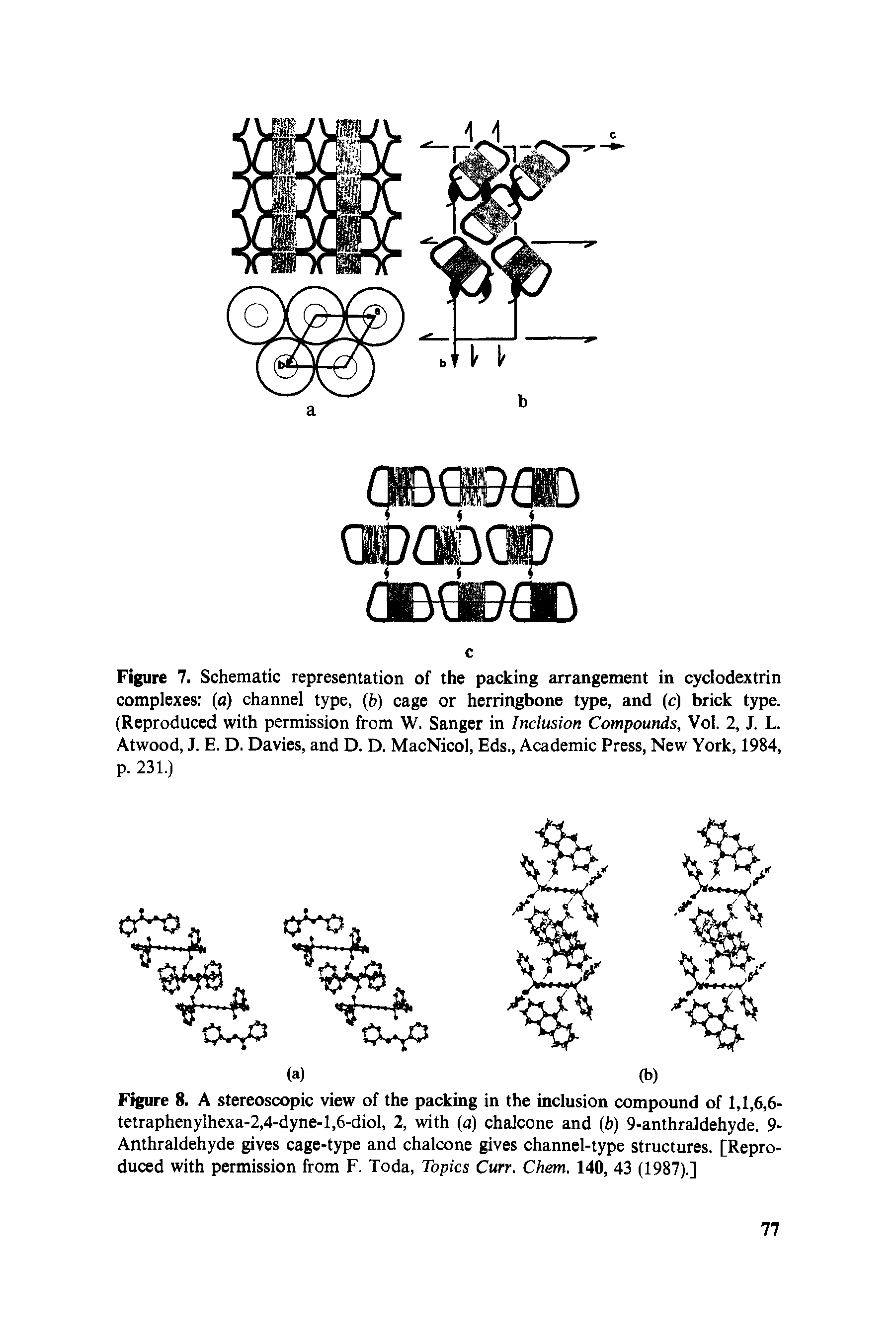 Figure 7. Schematic representation of the packing arrangement in cyclodextrin complexes (a) channel type, (b) cage or herringbone type, and (c) brick type. (Reproduced with permission from W. Sanger in Inclusion Compounds, Vol. 2, J. L. Atwood, J. E. D. Davies, and D. D. MacNicol, Eds., Academic Press, New York, 1984, p. 231.)...