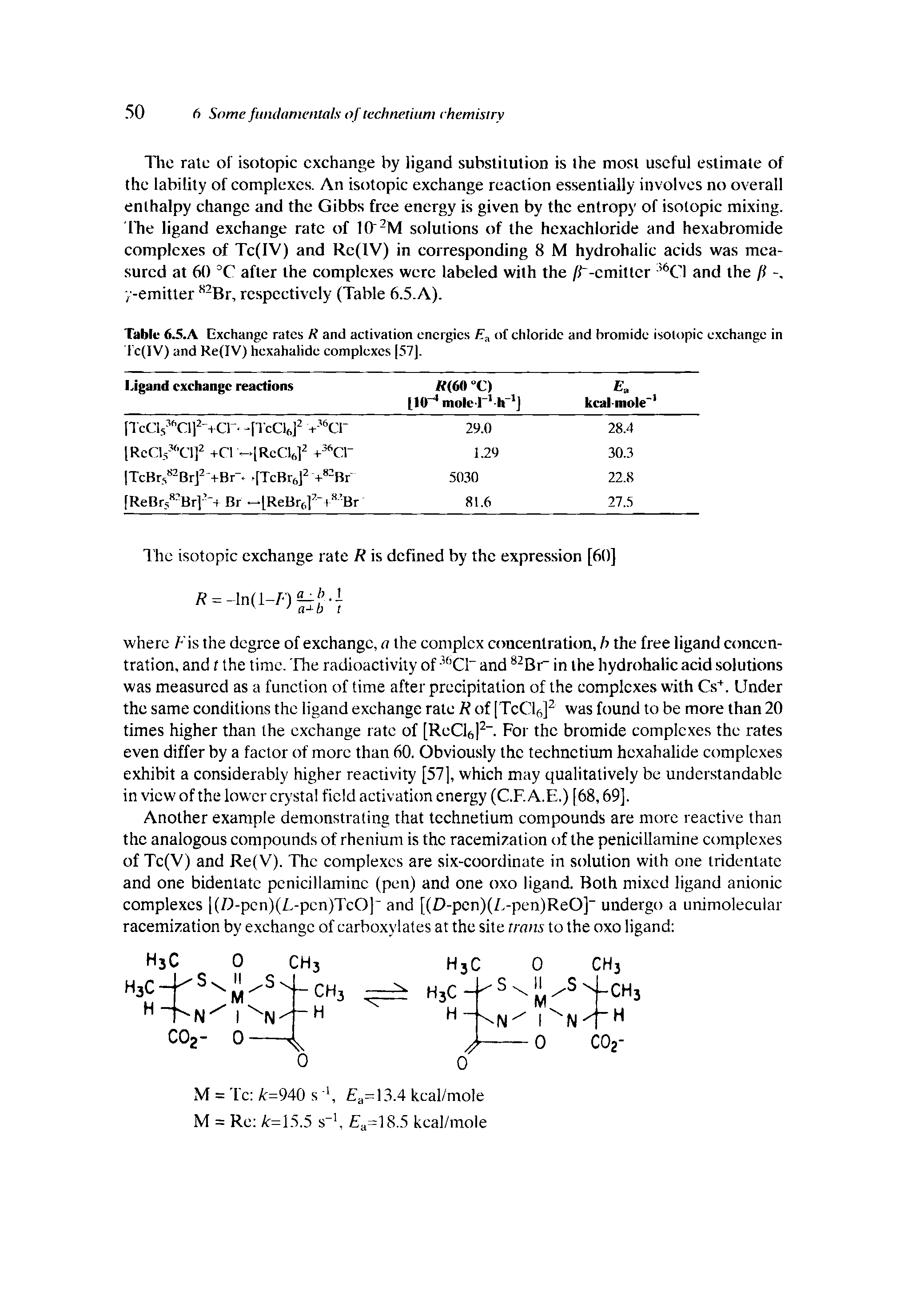 Table 6.S.A Exchange rates K and activation energies of chloride and bromide isotopic e.xchangc in 1 c(IV) and Re(IV) hexahalide complexes 57).