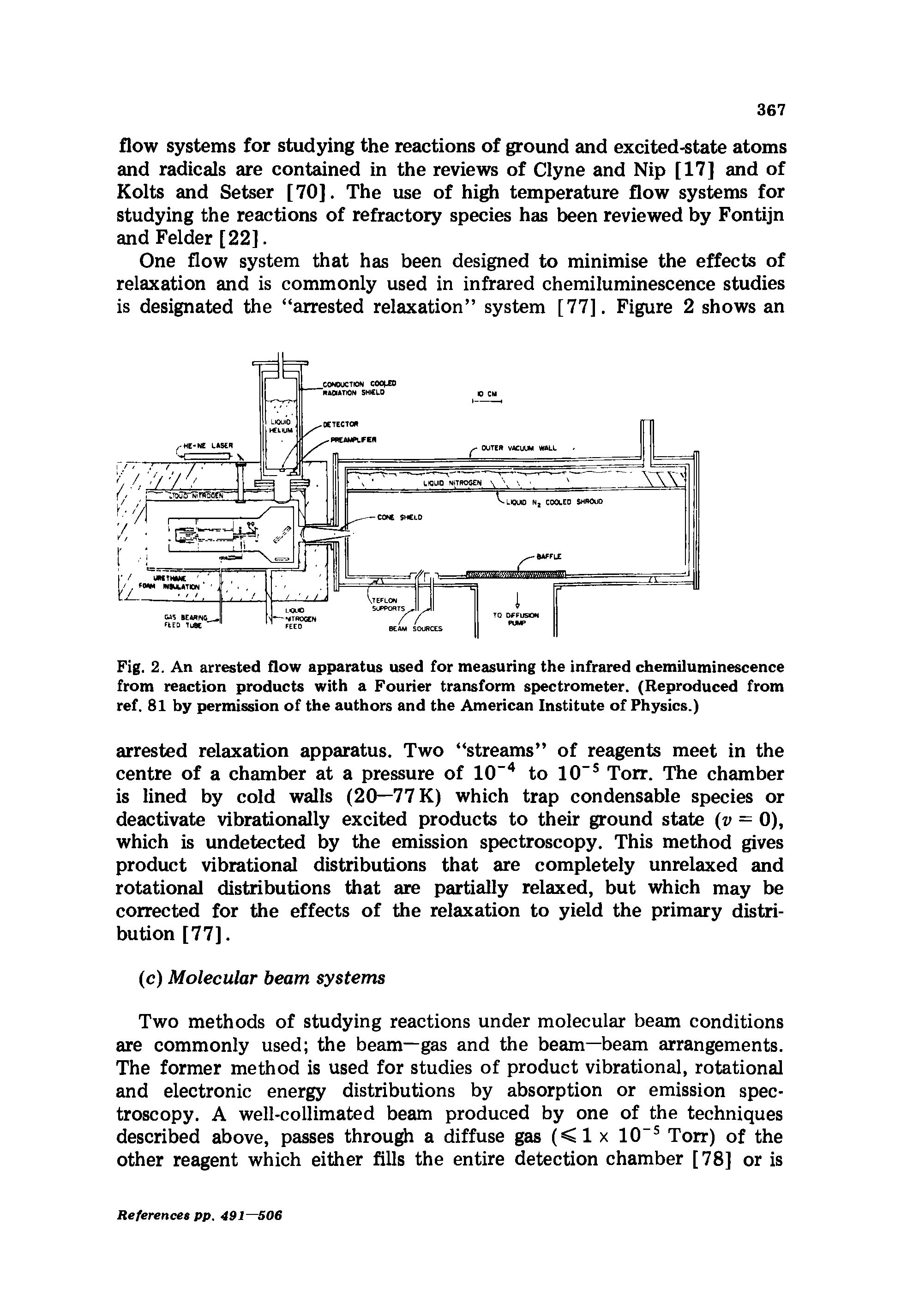 Fig. 2. An arrested flow apparatus used for measuring the infrared chemiluminescence from reaction products with a Fourier transform spectrometer. (Reproduced from ref. 81 by permission of the authors and the American Institute of Physics.)...