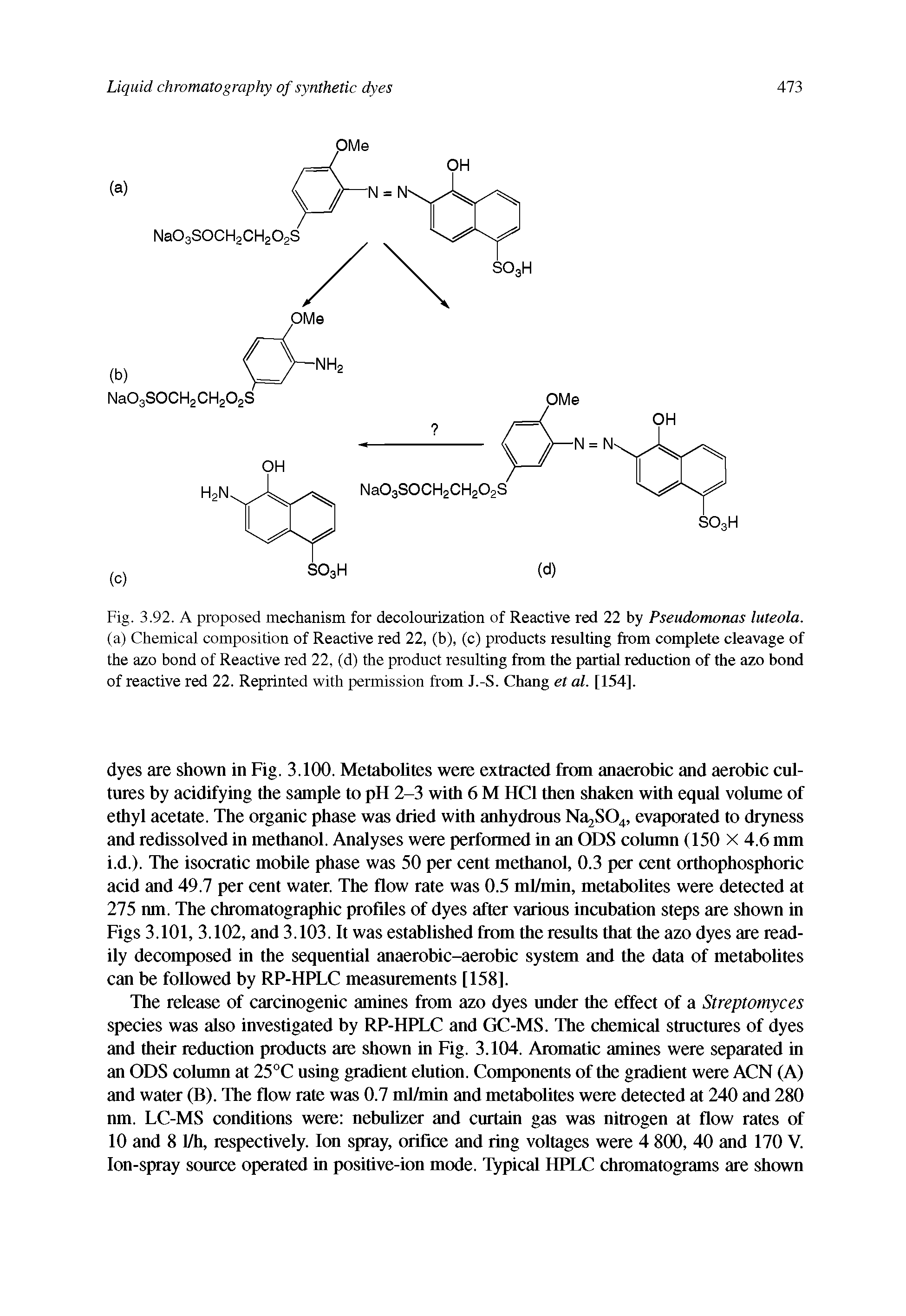 Fig. 3.92. A proposed mechanism for decolourization of Reactive red 22 by Pseudomonas luteola. (a) Chemical composition of Reactive red 22, (b), (c) products resulting from complete cleavage of the azo bond of Reactive red 22, (d) the product resulting from the partial reduction of the azo bond of reactive red 22. Reprinted with permission from J.-S. Chang et al. [154].