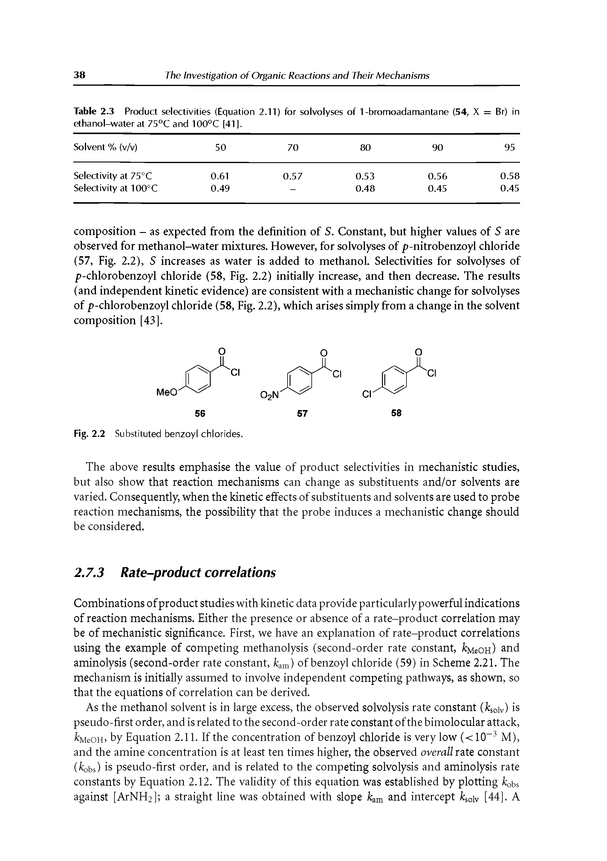 Table 2.3 Product selectivities (Equation 2.11) for solvolyses of 1-bromoadamantane (54, X = ethanol-water at 75°C and 100°C [41 ]. Br) in...