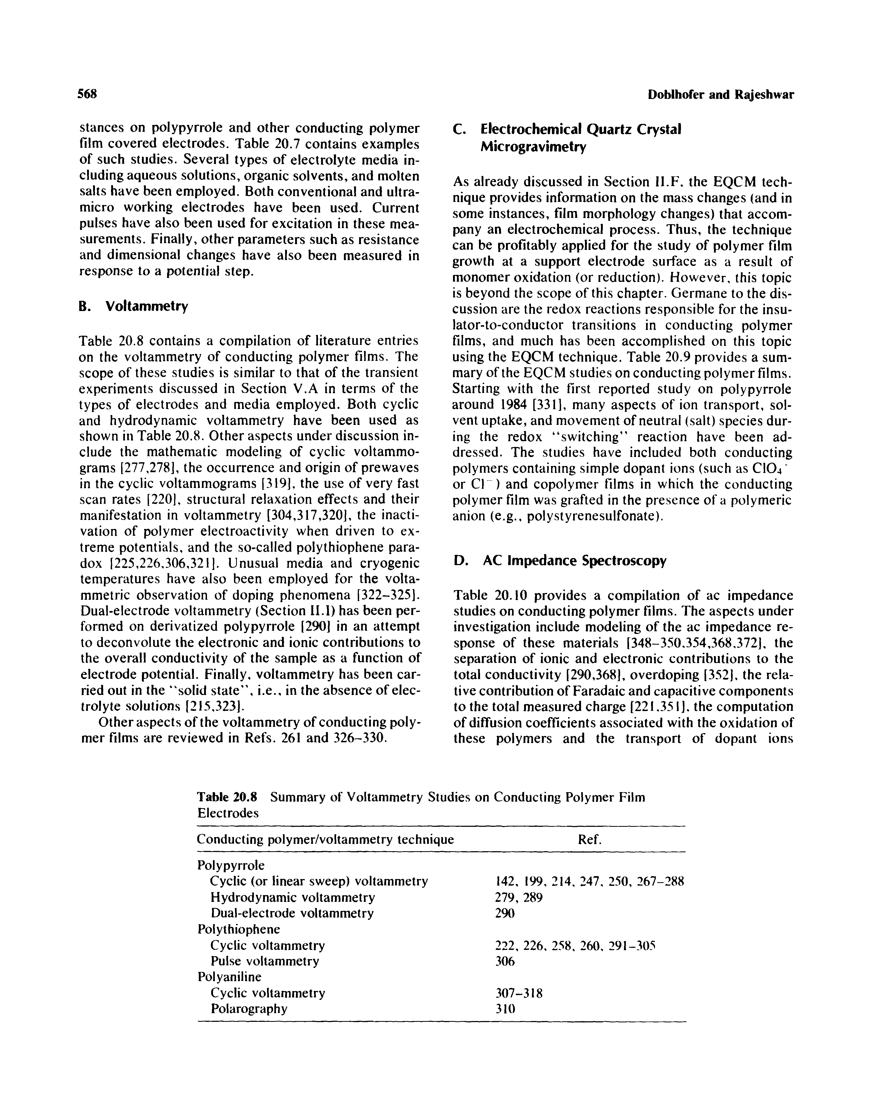 Table 20.8 contains a compilation of literature entries on the voltammetry of conducting polymer films. The scope of these studies is similar to that of the transient experiments discussed in Section V.A in terms of the types of electrodes and media employed. Both cyclic and hydrodynamic voltammetry have been used as shown in Table 20.8. Other aspects under discussion include the mathematic modeling of cyclic voltammo-grams [277,278], the occurrence and origin of prewaves in the cyclic voltammograms [319], the use of very fast scan rates [220], structural relaxation effects and their manifestation in voltammetry [304,317,320], the inactivation of polymer electroactivity when driven to extreme potentials, and the so-called polythiophene paradox [225,226,306,321]. Unusual media and cryogenic temperatures have also been employed for the volta-mmetric observation of doping phenomena [322-325]. Dual-electrode voltammetry (Section II.1) has been performed on derivatized polypyrrole [290] in an attempt to deconvolute the electronic and ionic contributions to the overall conductivity of the sample as a function of electrode potential. Finally, voltammetry has been carried out in the solid state , i.e., in the absence of electrolyte solutions [215,323].