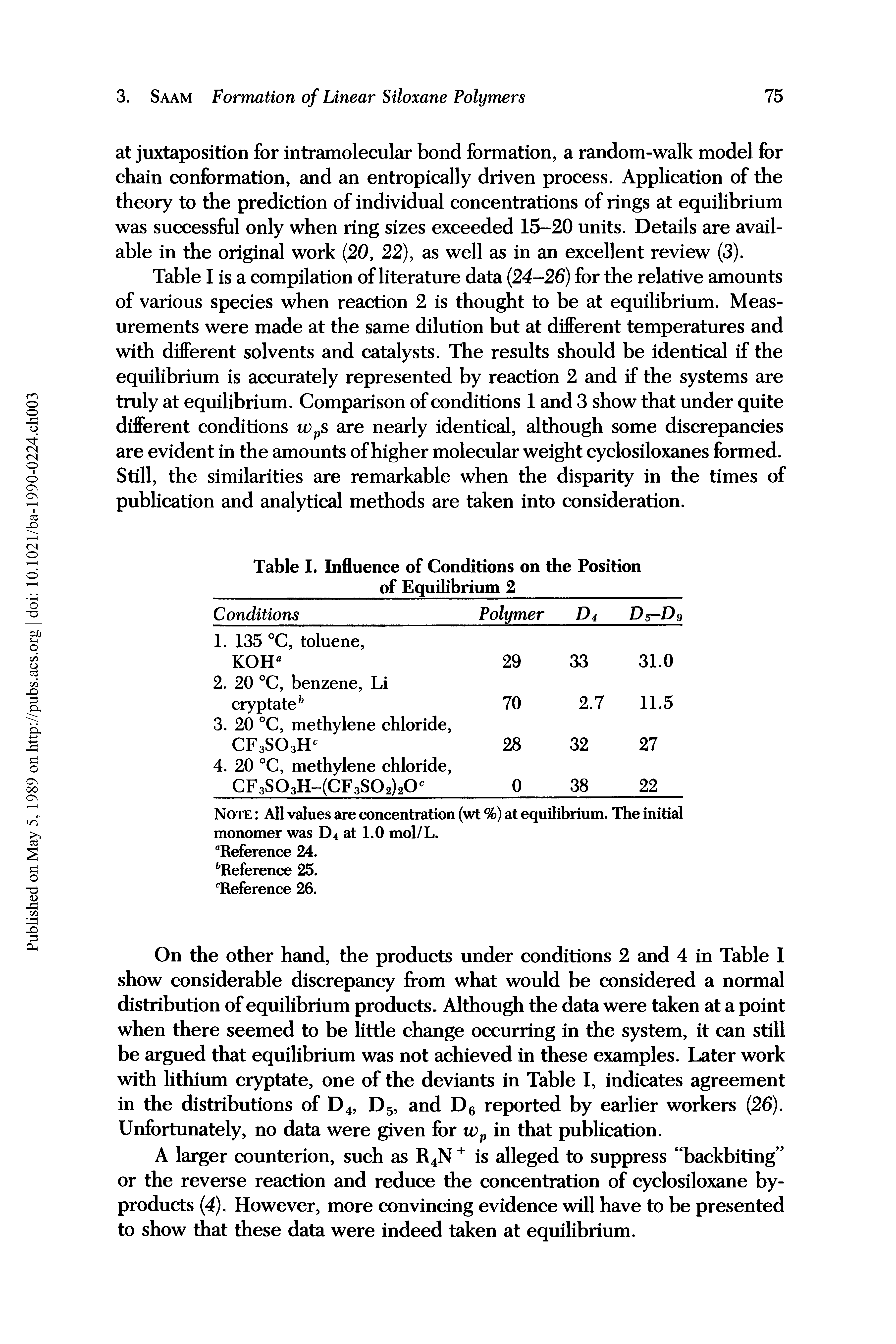 Table I is a compilation of literature data (24-26) for the relative amounts of various species when reaction 2 is thought to be at equilibrium. Measurements were made at the same dilution but at different temperatures and with different solvents and catalysts. The results should be identical if the equilibrium is accurately represented by reaction 2 and if the systems are truly at equilibrium. Comparison of conditions 1 and 3 show that under quite different conditions w s are nearly identical, although some discrepancies are evident in the amounts of higher molecular weight cyclosiloxanes formed. Still, the similarities are remarkable when the disparity in the times of publication and analytical methods are taken into consideration.