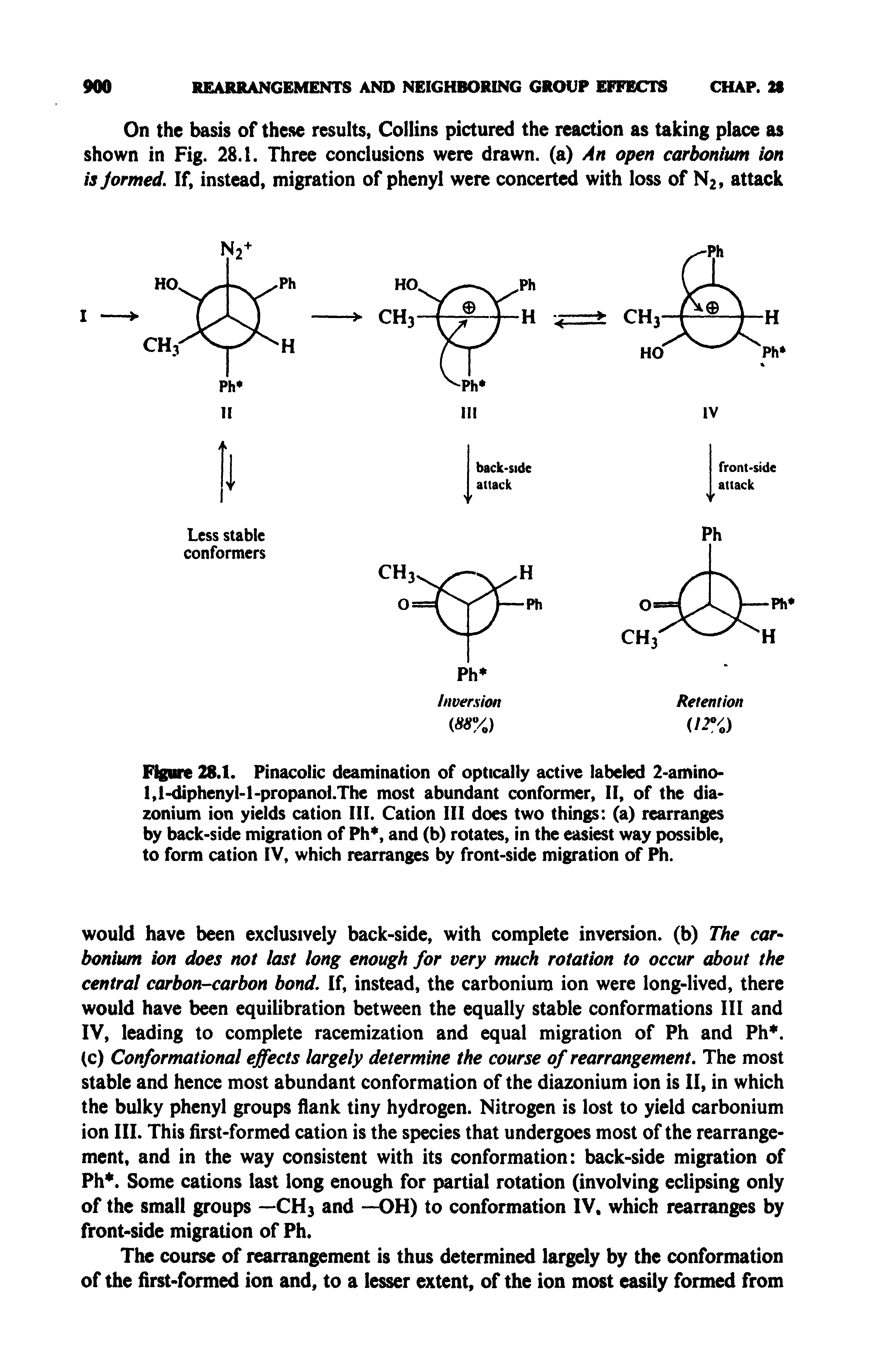 Figure 28.1. Pinacolic deamination of optically active labeled 2-amino-1,1-diphenyl-1-propanol.The most abundant conformer, II, of the dia-zonium ion yields cation 111. Cation III does two things (a) rearranges by back-side migration of Ph, and (b) rotates, in the easiest way possible, to form cation IV, which rearranges by front-side migration of Ph.