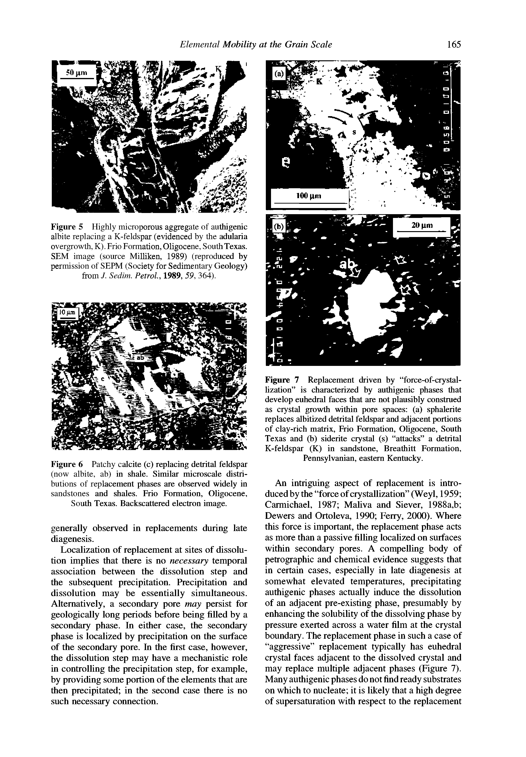 Figure 7 Replacement driven by force-of-crystal-Uzation is characterized by authigenic phases that develop euhedral faces that are not plausibly constmed as crystal growth within pore spaces (a) sphalerite replaces albitized detrital feldspar and adjacent portions of clay-rich matrix, Frio Formation, Oligocene, South Texas and (b) siderite crystal (s) attacks a detrital K-feldspar (K) in sandstone, Breathitt Formation, Pennsylvanian, eastern Kentucky.