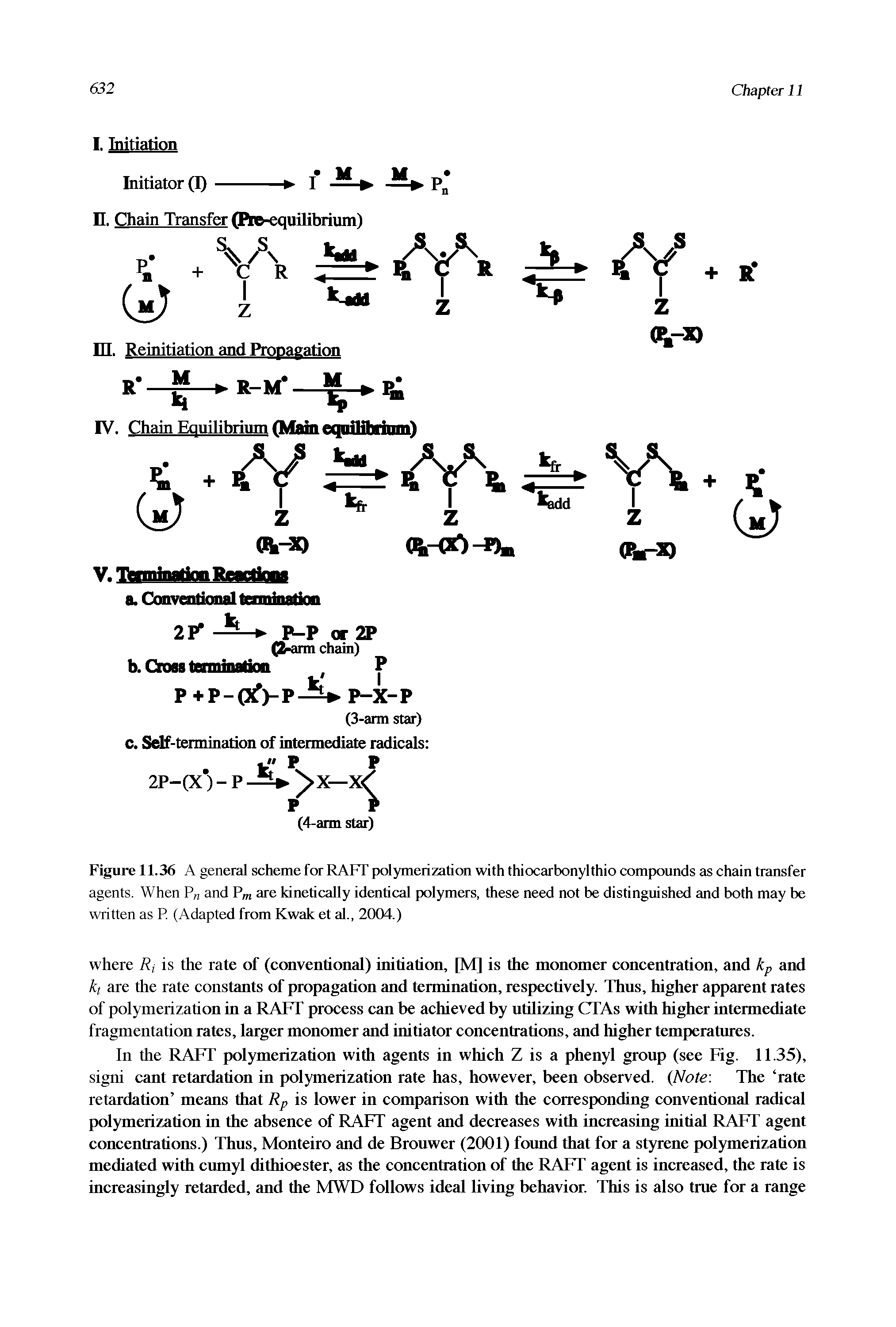 Figure 11.36 A general scheme for RAFT polymerization with thiocarbonylthio compounds as chain transfer agents. When P and Pm are kinetically identical polymers, these need not be distinguished and both may be written as P. (Adapted from Kwak et al., 2004.)...