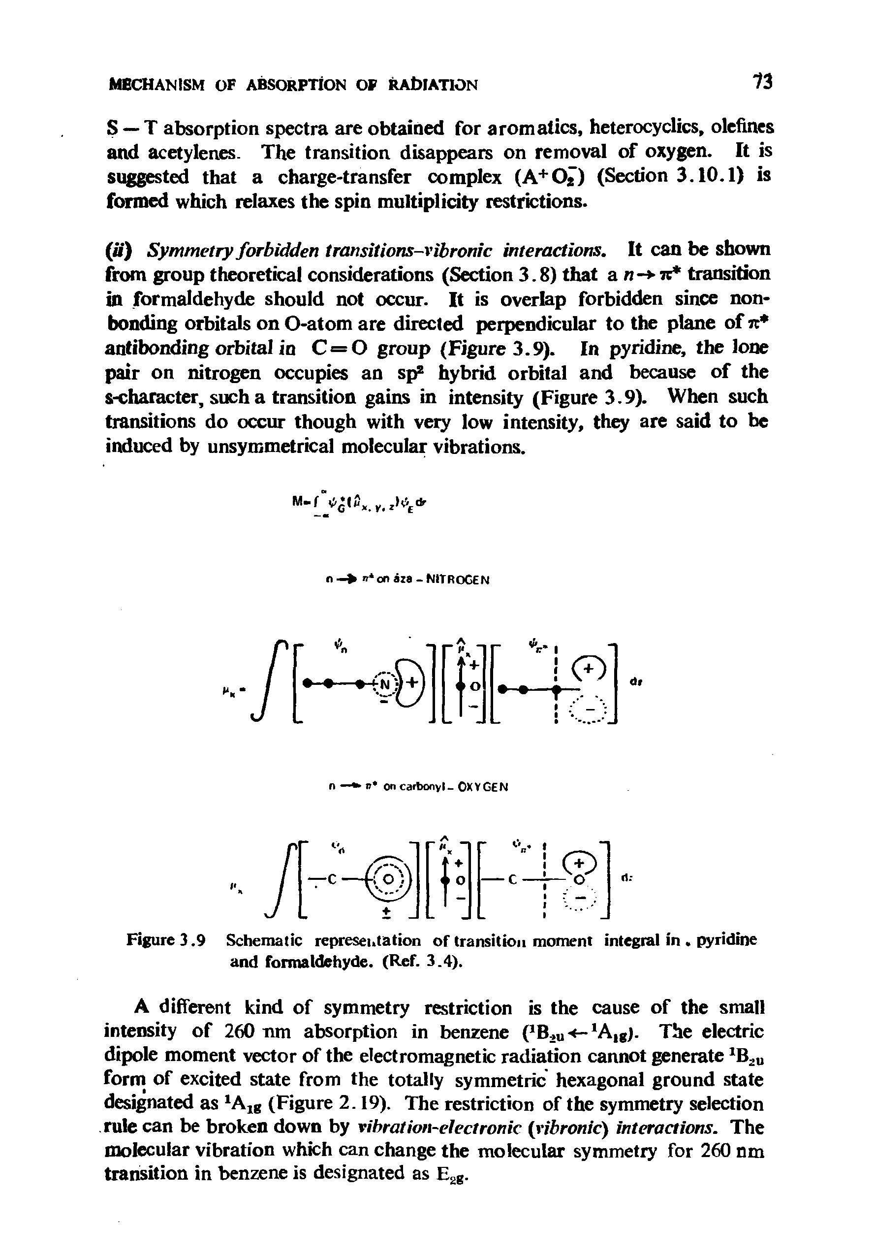 Figure 3.9 Schematic representation of transition moment integral in. pyridine and formaldehyde. (Ref. 3.4).