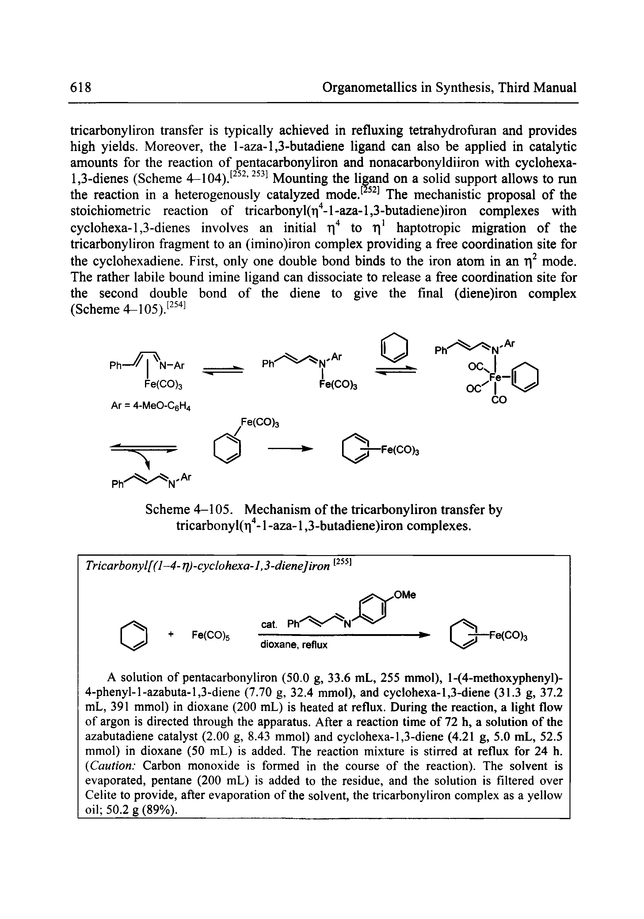 Scheme 4-105. Mechanism of the tricarbonyliron transfer by tricarbonyl(T -l-aza-l, 3-butadiene)iron complexes.