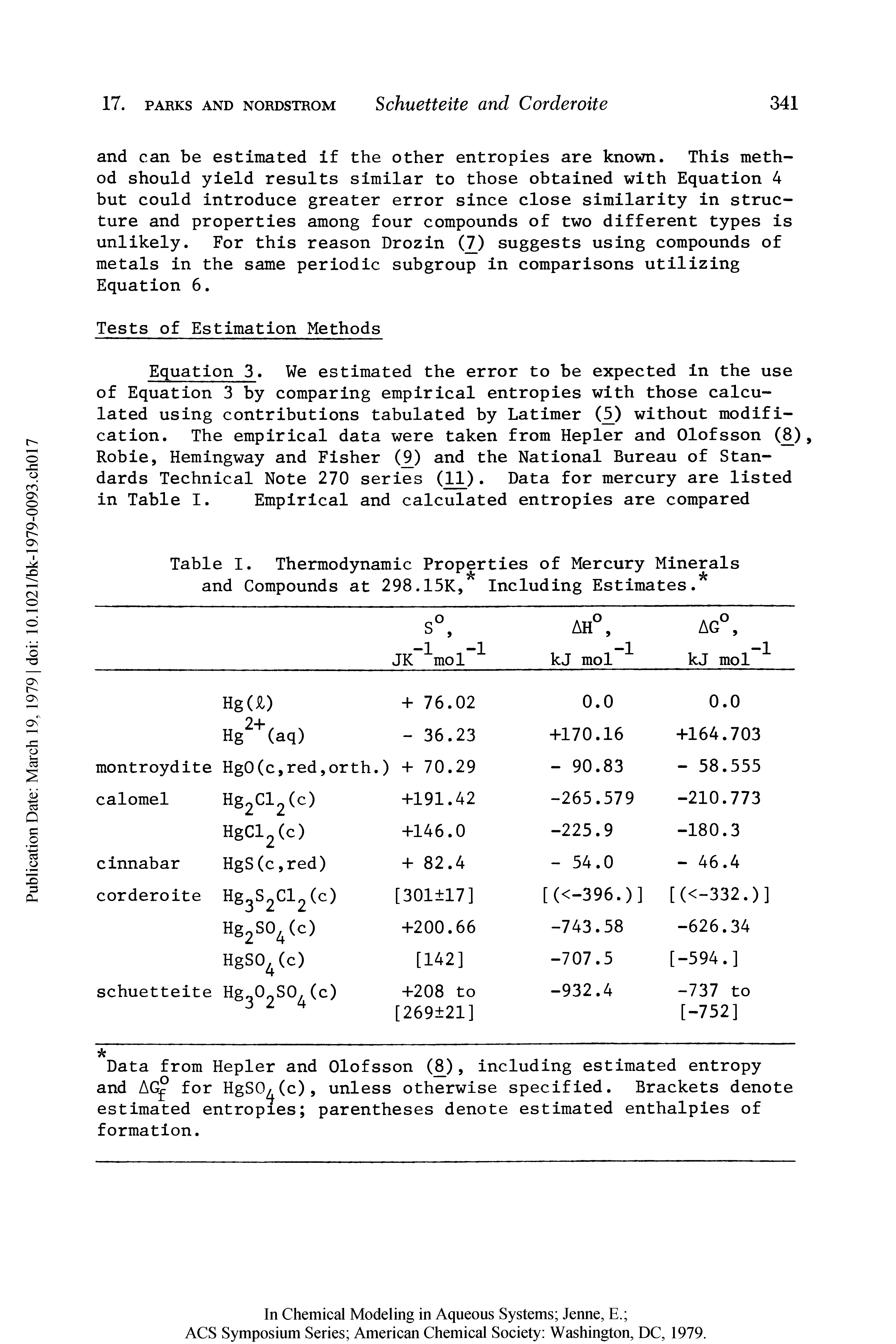 Table I. Thermodynamic Properties of Mercury Minerals and Compounds at 298.15K, Including Estimates.