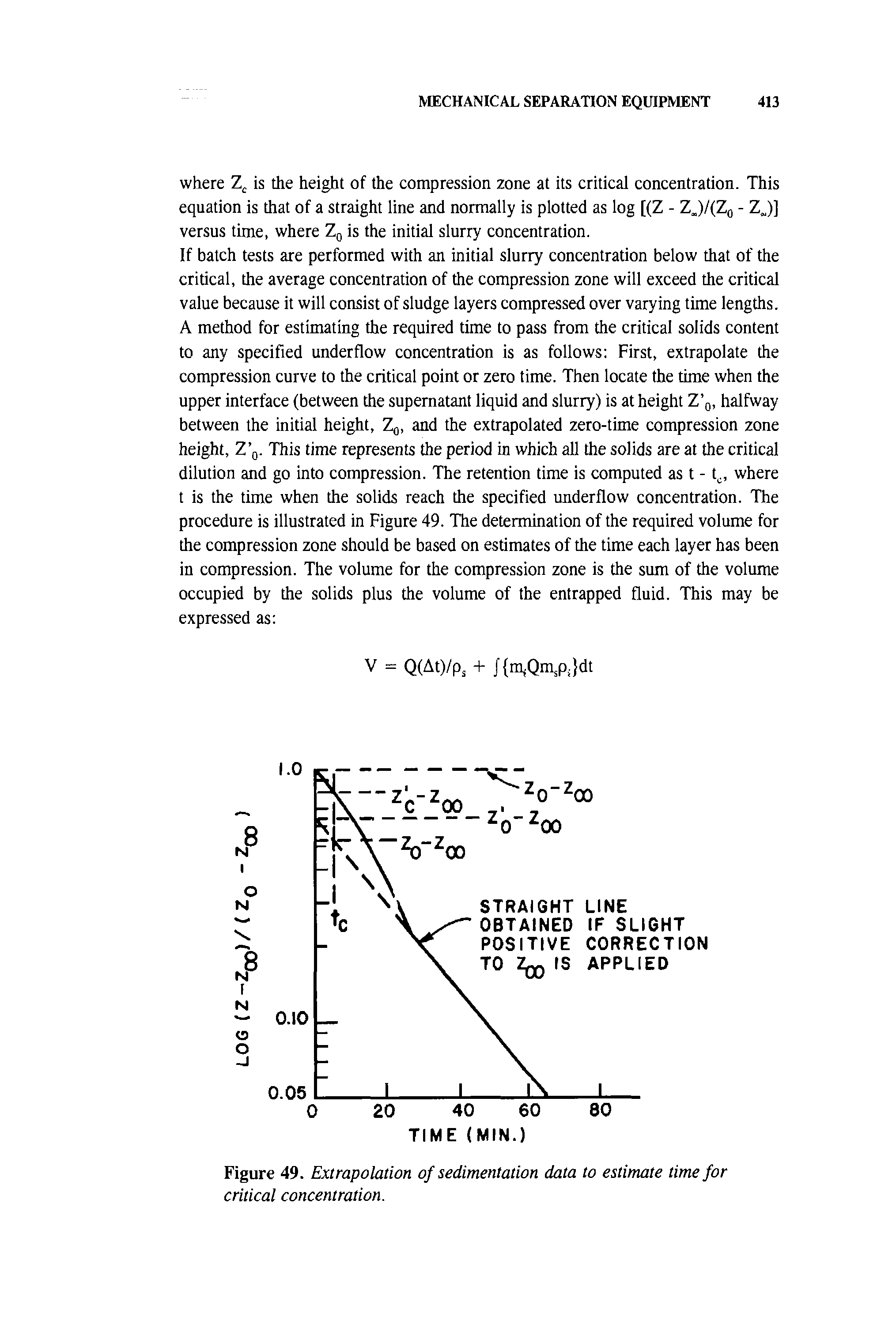 Figure 49. Extrapolation of sedimentation data to estimate time for critical concentration.