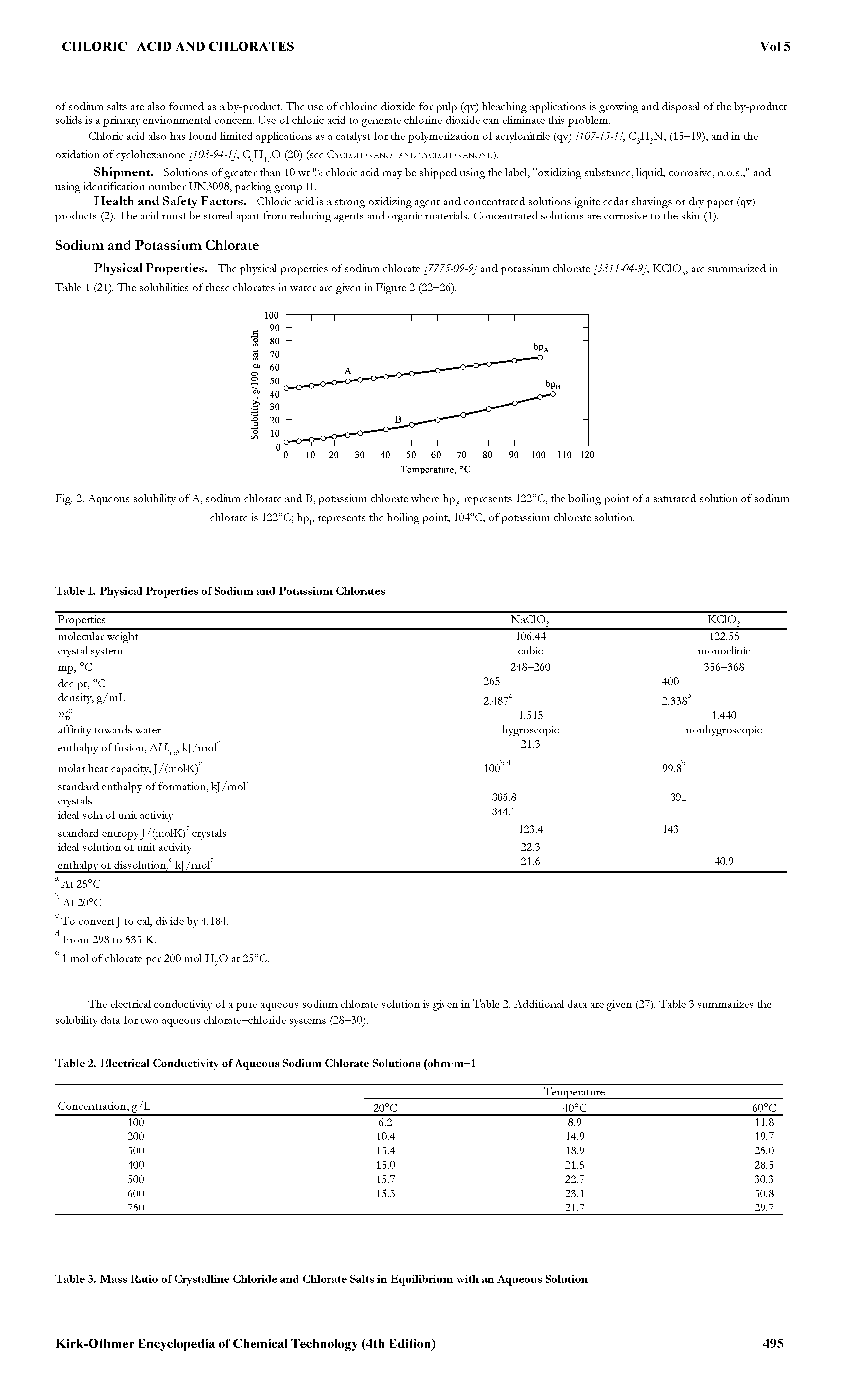 Fig. 2. Aqueous solubiHty of A, sodium chlorate and B, potassium chlorate where bp represents 122°C, the boiling point of a saturated solution of sodium...