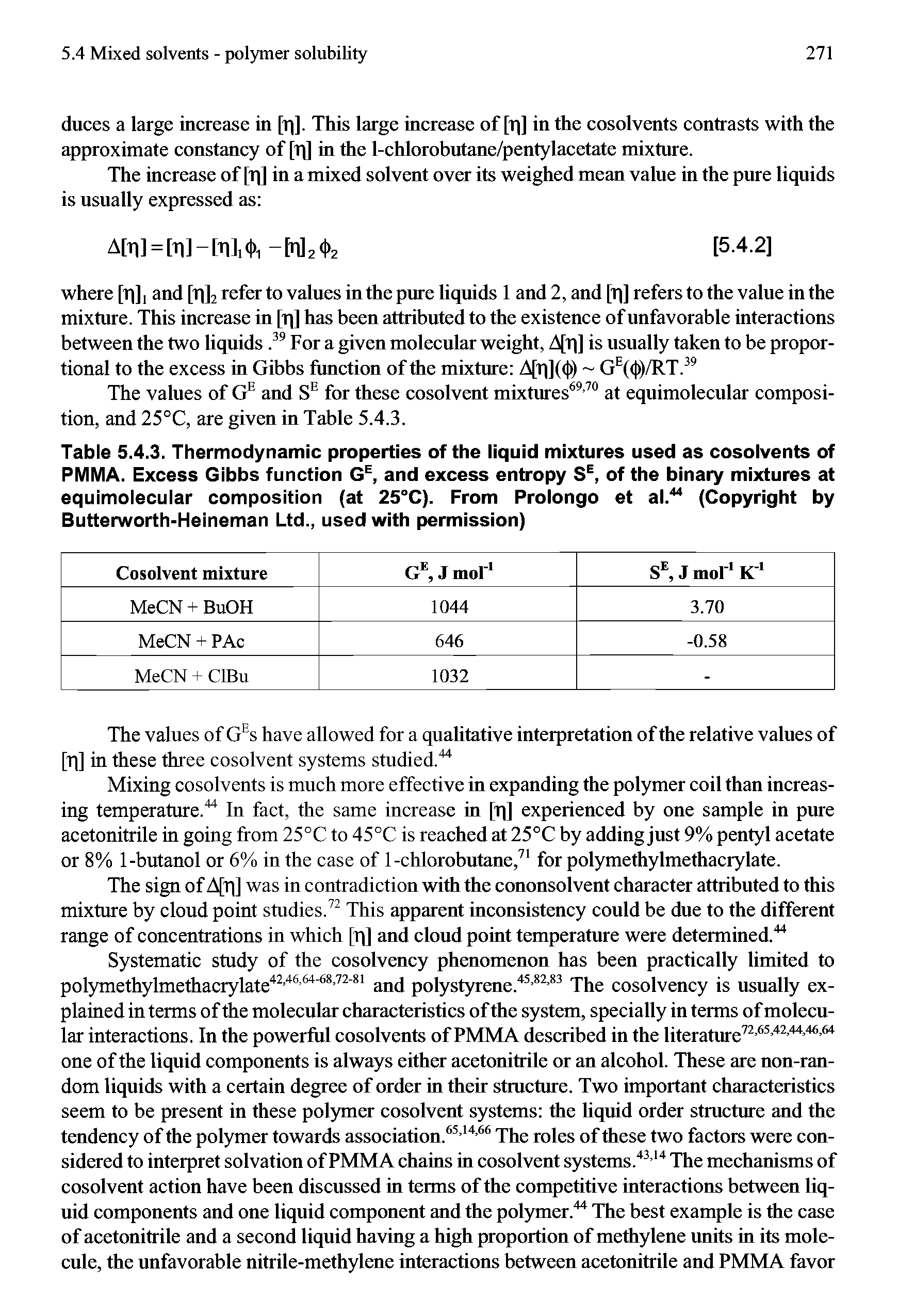 Table 5.4.3. Thermodynamic properties of the liquid mixtures used as cosolvents of PMMA. Excess Gibbs function G, and excess entropy S, of the binary mixtures at equimolecular composition (at 25°C). From Prolongo et al. (Copyright by Butterworth-Heineman Ltd., used with permission)...