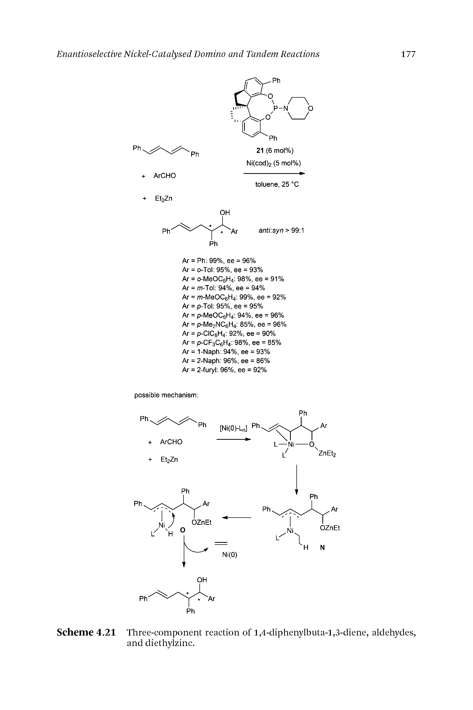 Scheme 4.21 Three-component reaction of 1,4-diphenylbuta-l,3-diene, aldehydes, and diethylzinc.